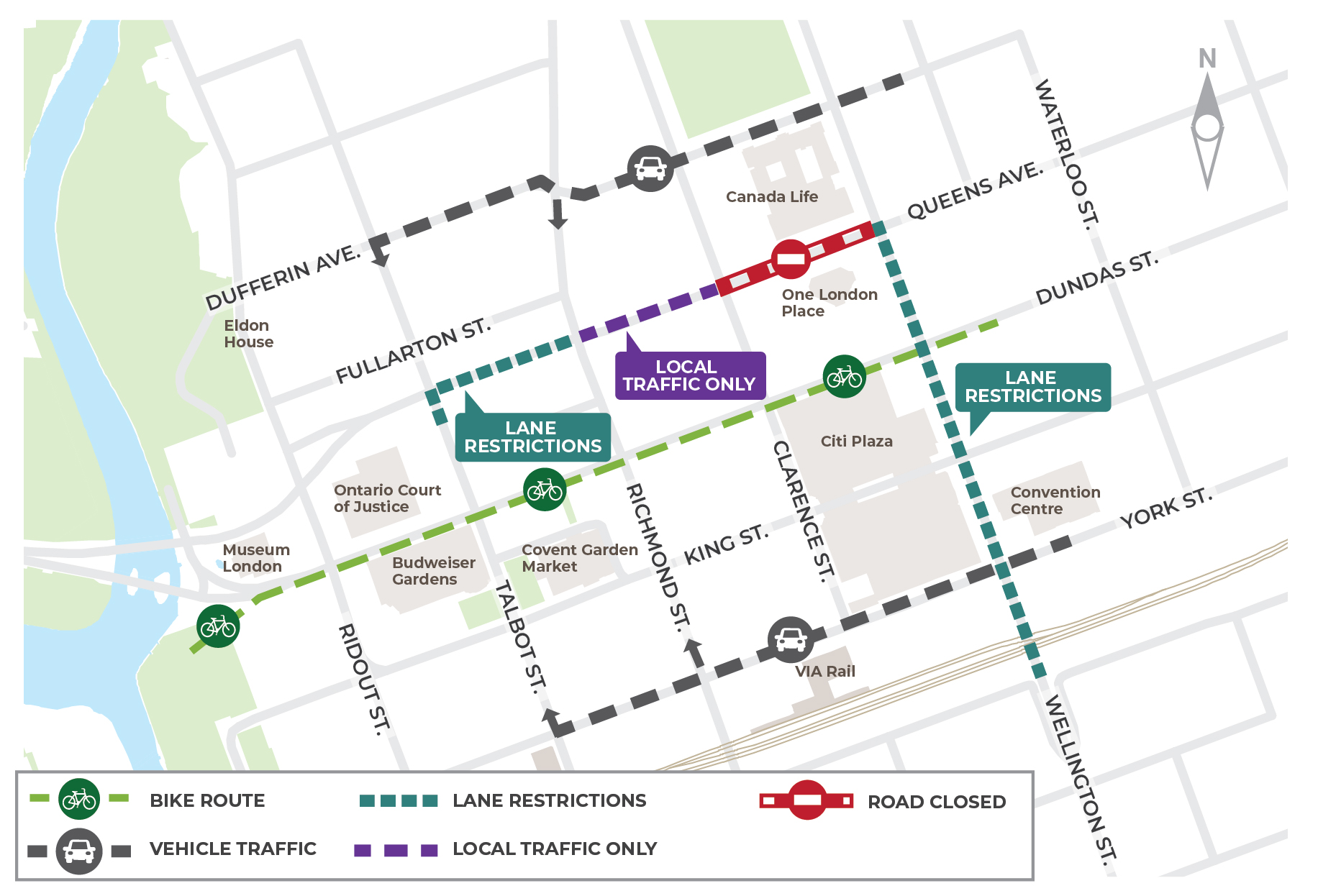 A map of the upcoming traffic changes downtown.