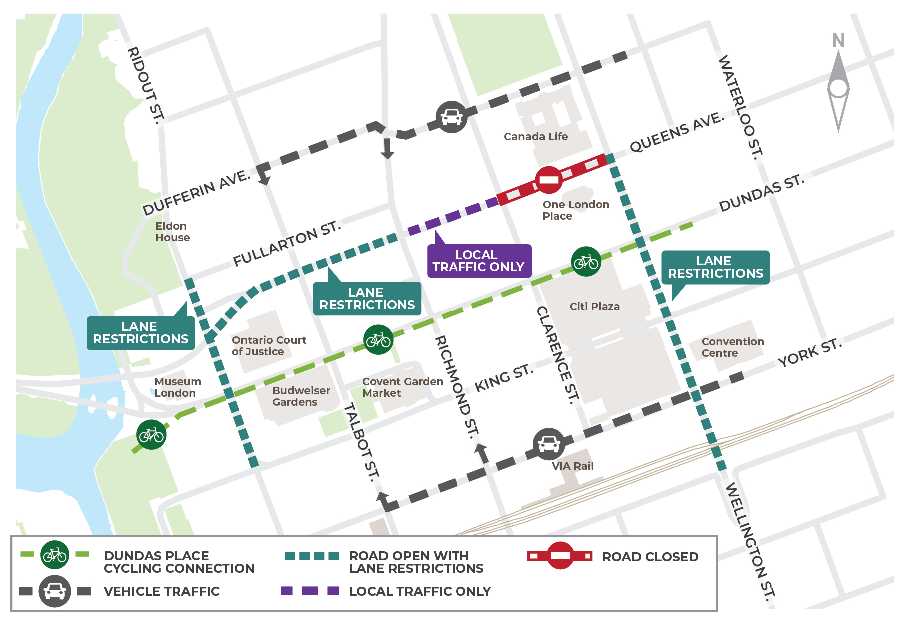 A map of current and upcoming traffic restrictions downtown and best detour routes.