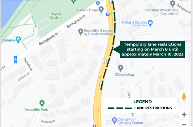 A map of the temporary lane restrictions on Wonderland Road South between Springbank Drive and Rosecliffe Terrace. 