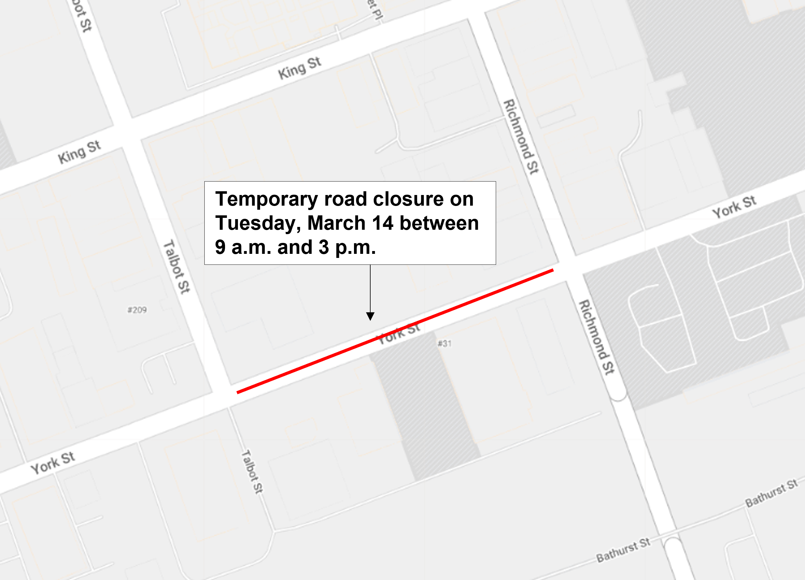 Map of the temporary road closure on York Street between Richmond Street and Talbot Street