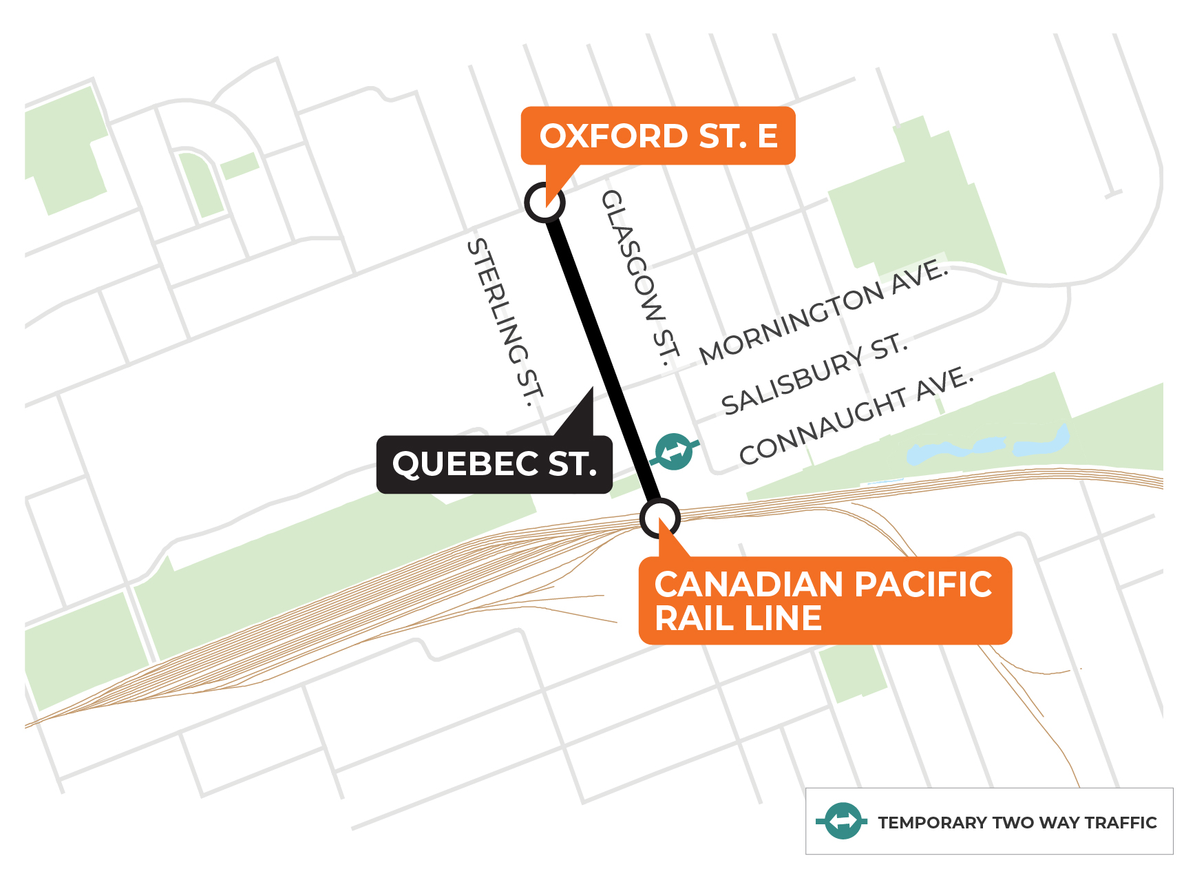 Map graphic showing Quebec Street Infrastructure Renewal project area
