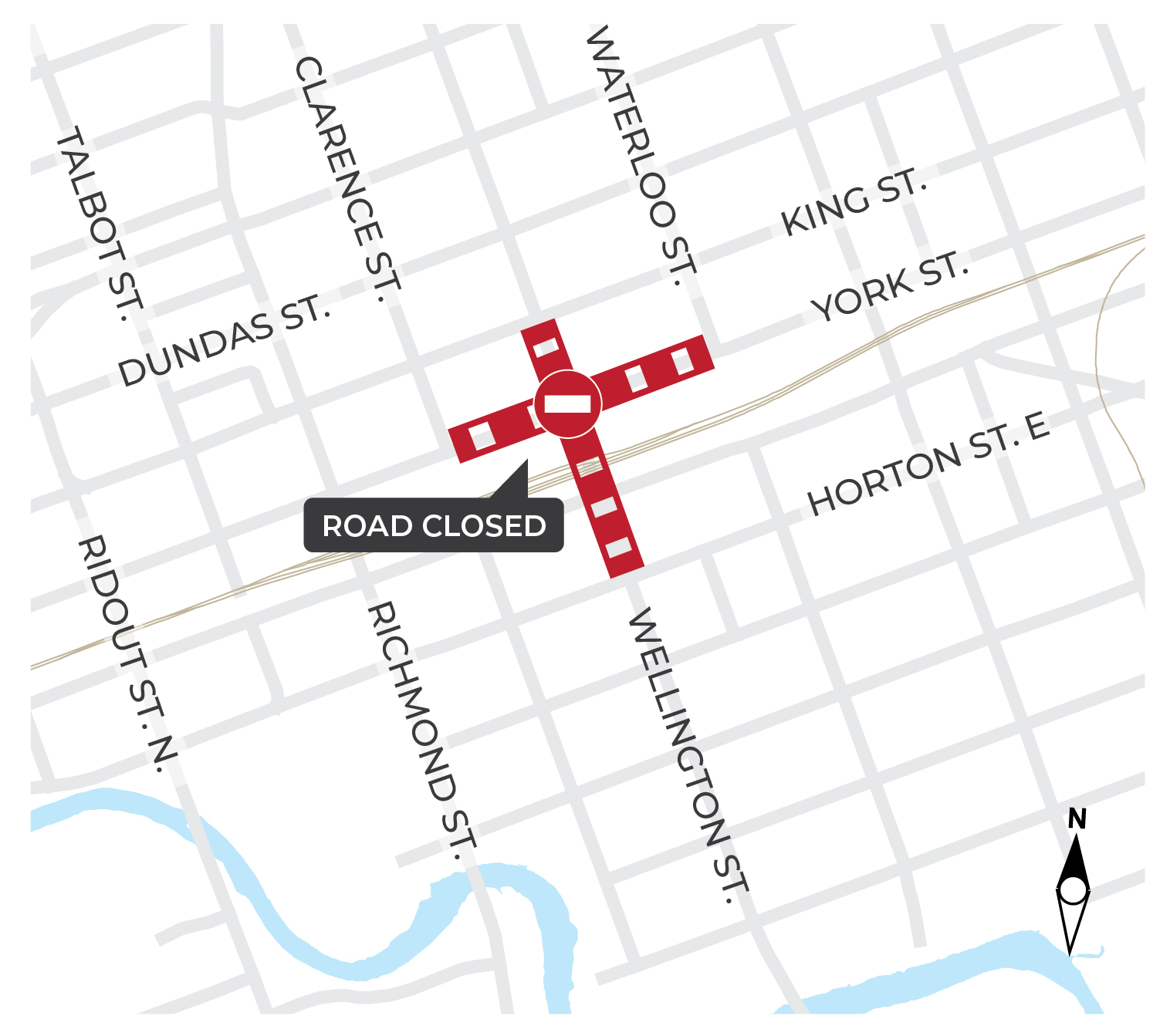 A map of the upcoming temporary overnight closure at Wellington Street.