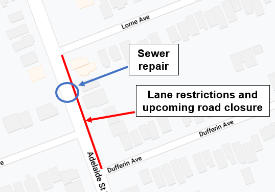 Map of lane restrictions and road closure on Adelaide St. N between Dufferin Ave and Lorne Ave