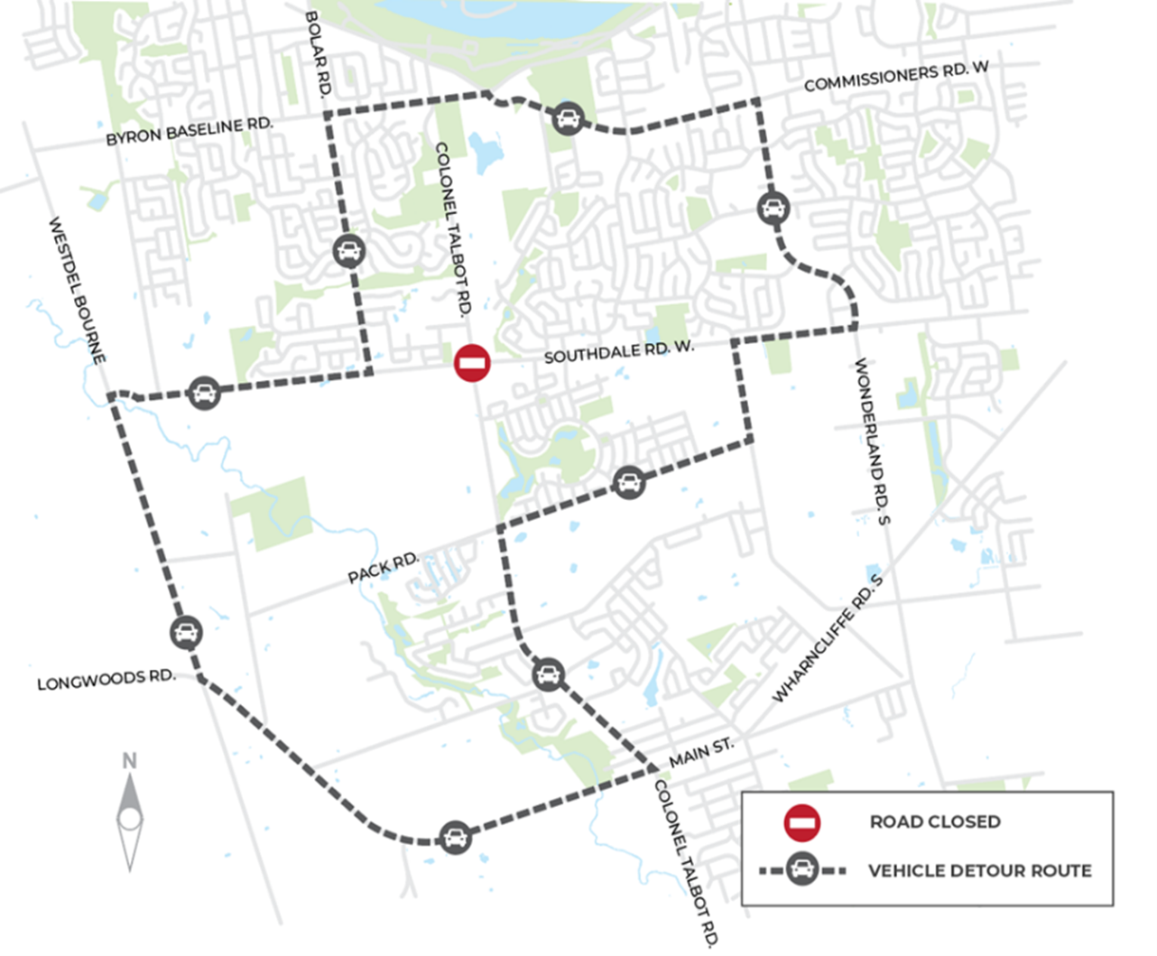 Map of road closure and detour around intersection closure - Southdale Roundabout