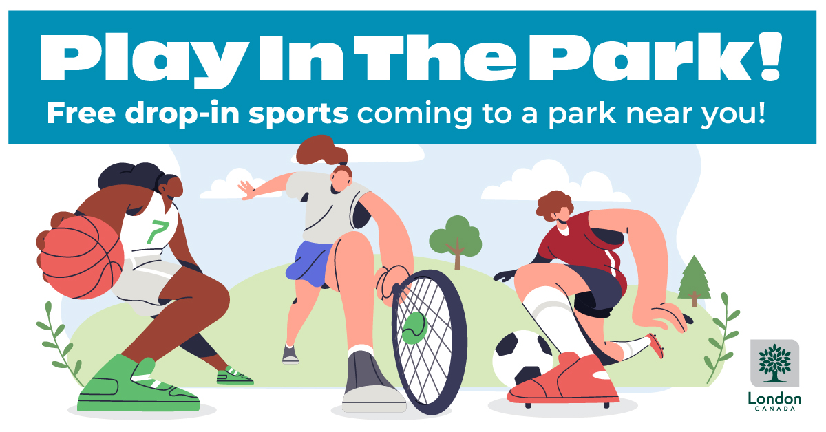 A graphic with the title "Play in the Park", featuring icons of people playing basketball, soccer and tennis in a park.