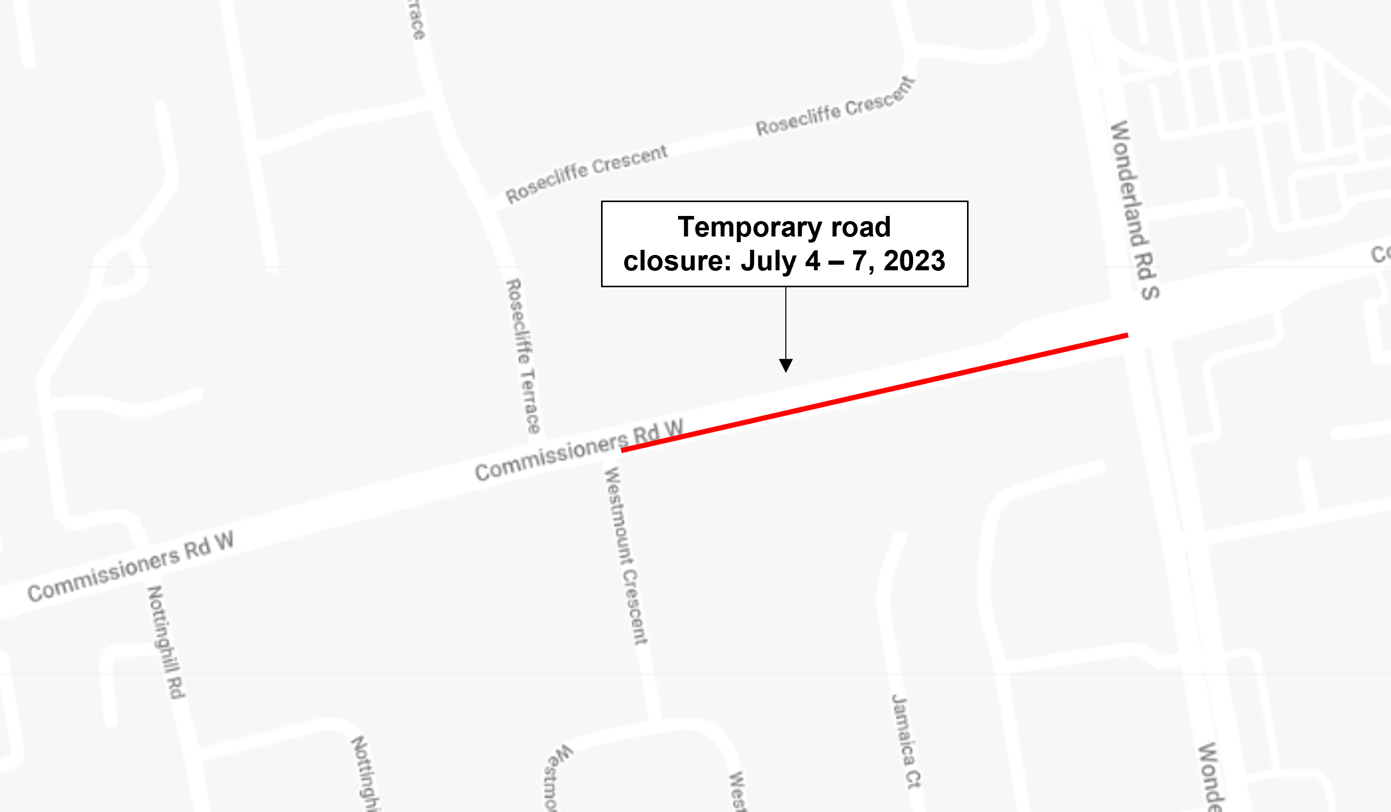 A map of the temporary closure at Commissioners Road West between Westmount Crescent and Wonderland Road South. 