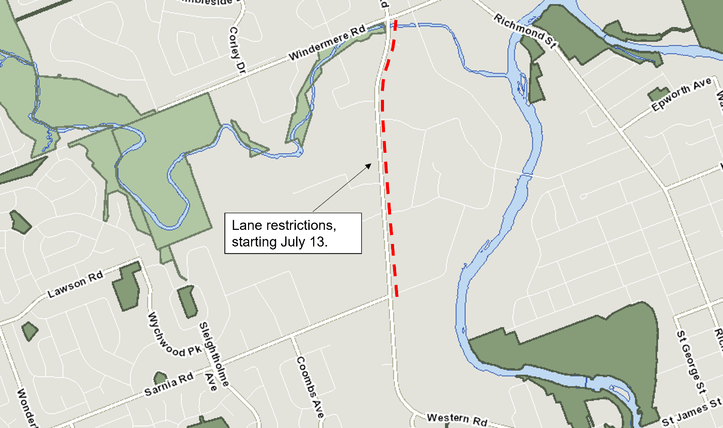 This map shows the upcoming lane restrictions at Western Road