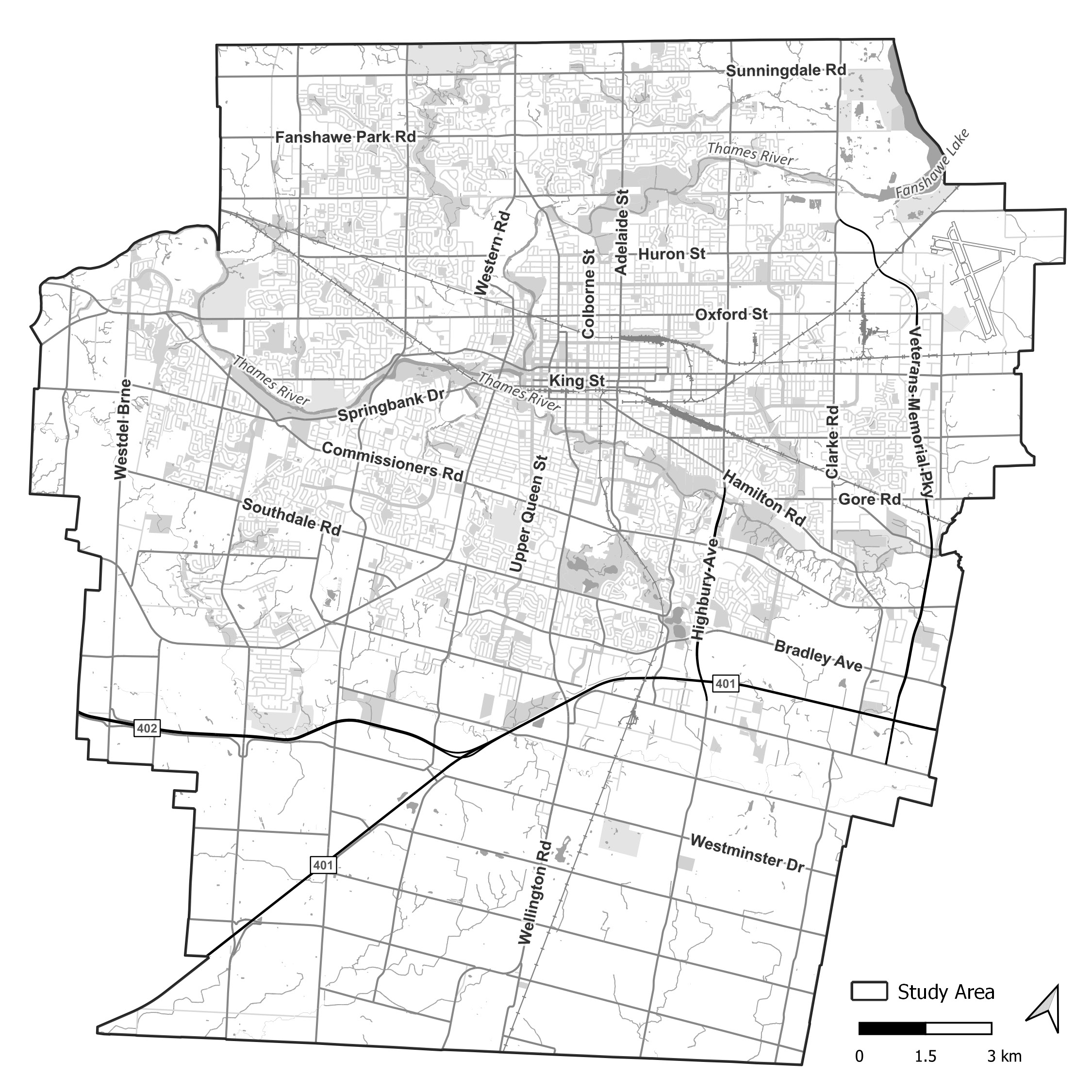 A map of London and the study area for the Pollution Prevention Control Plan study. For assistance, please contact cocc@london.ca