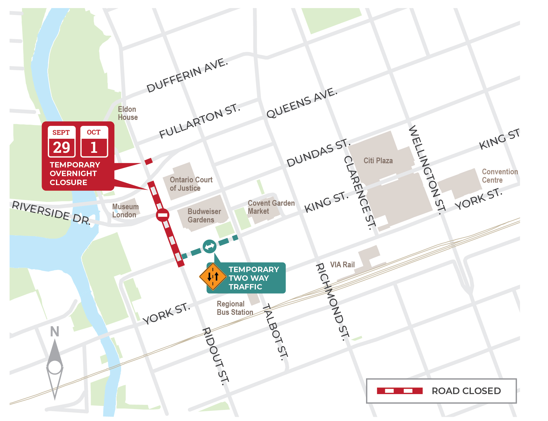 A map of the overnight closures at Ridout Street North between Queens Avenue and King Street. 