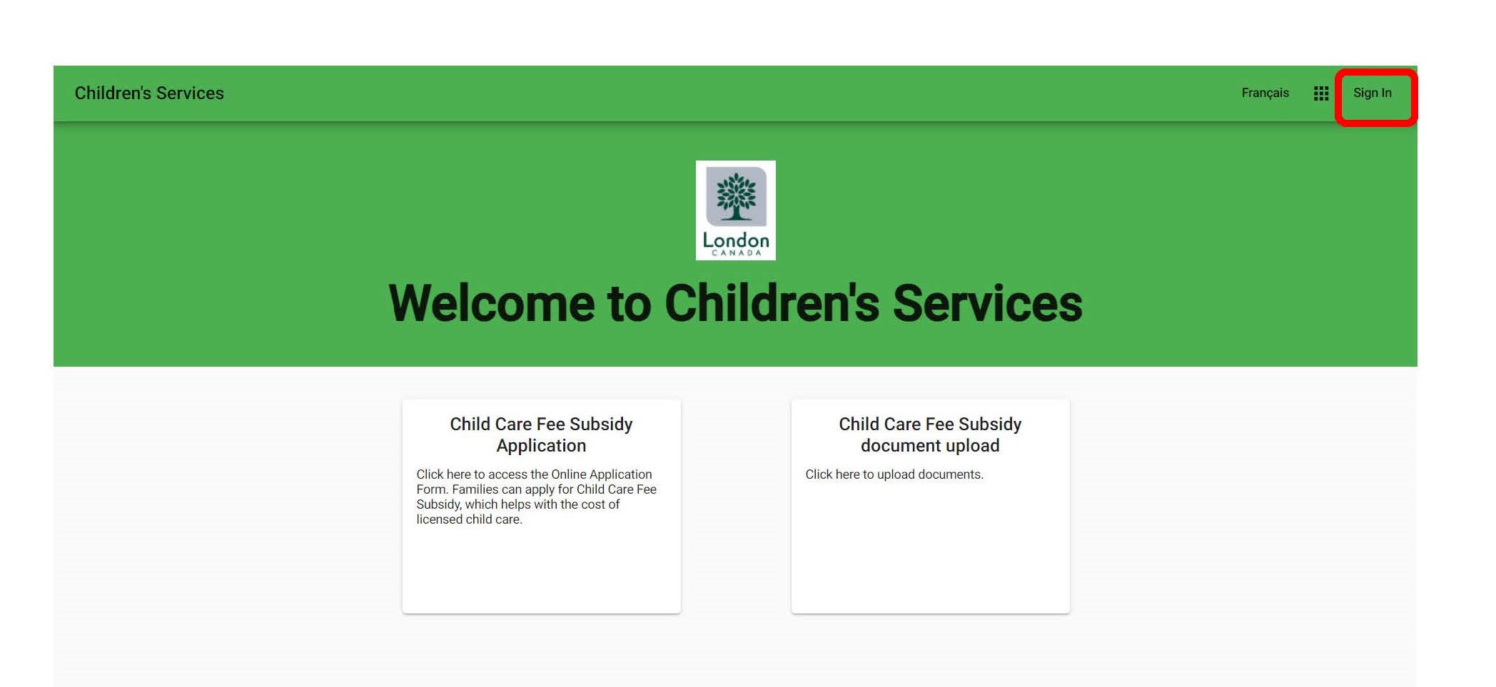 screen shot of sign in for Children's Services Portal