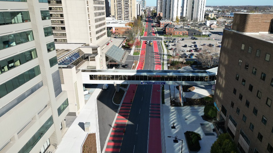 Aerial view of bus only lanes on King Street