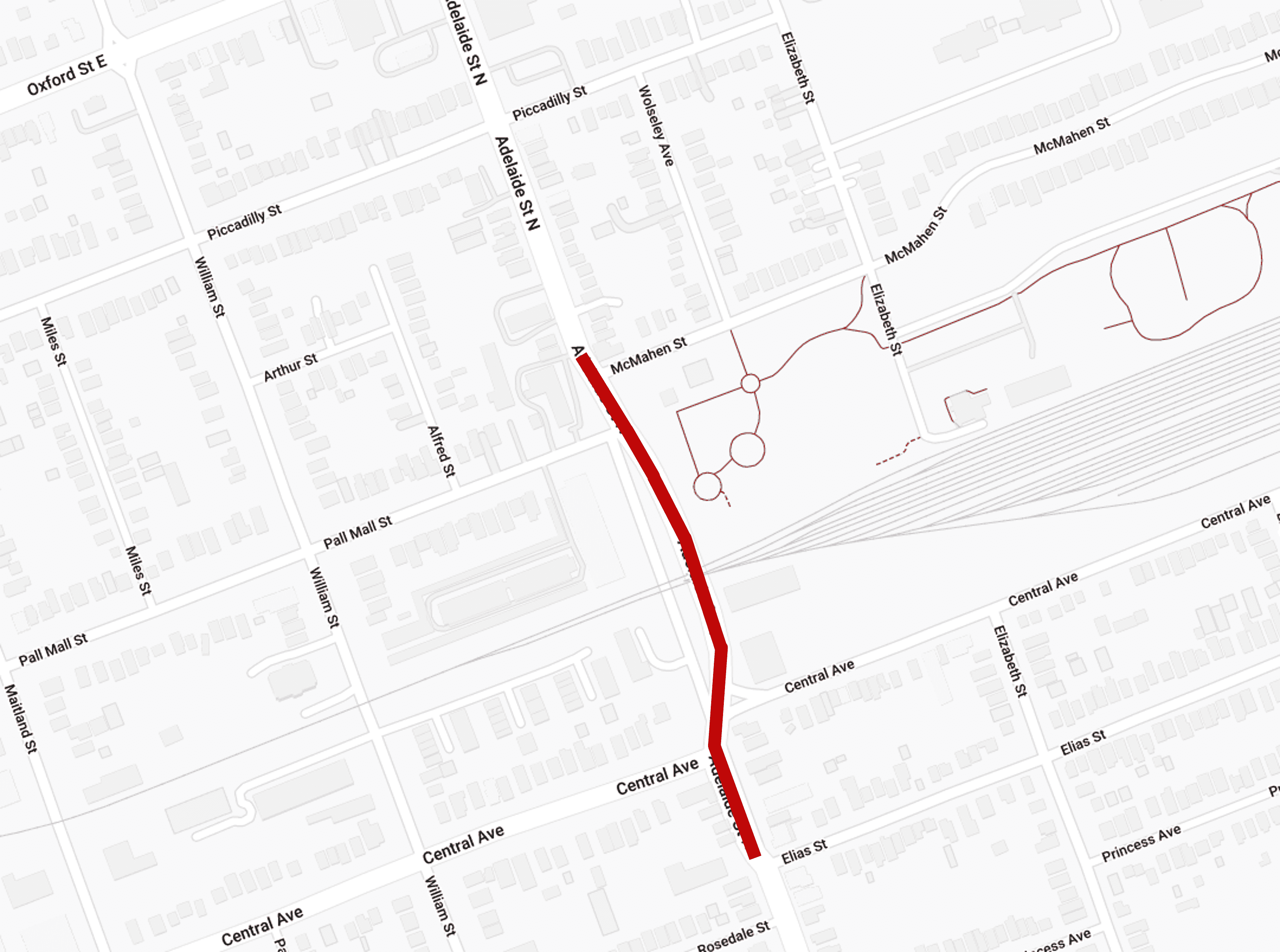 Map graphic of road closure on Adelaide St North between McMahen and Elias Streets