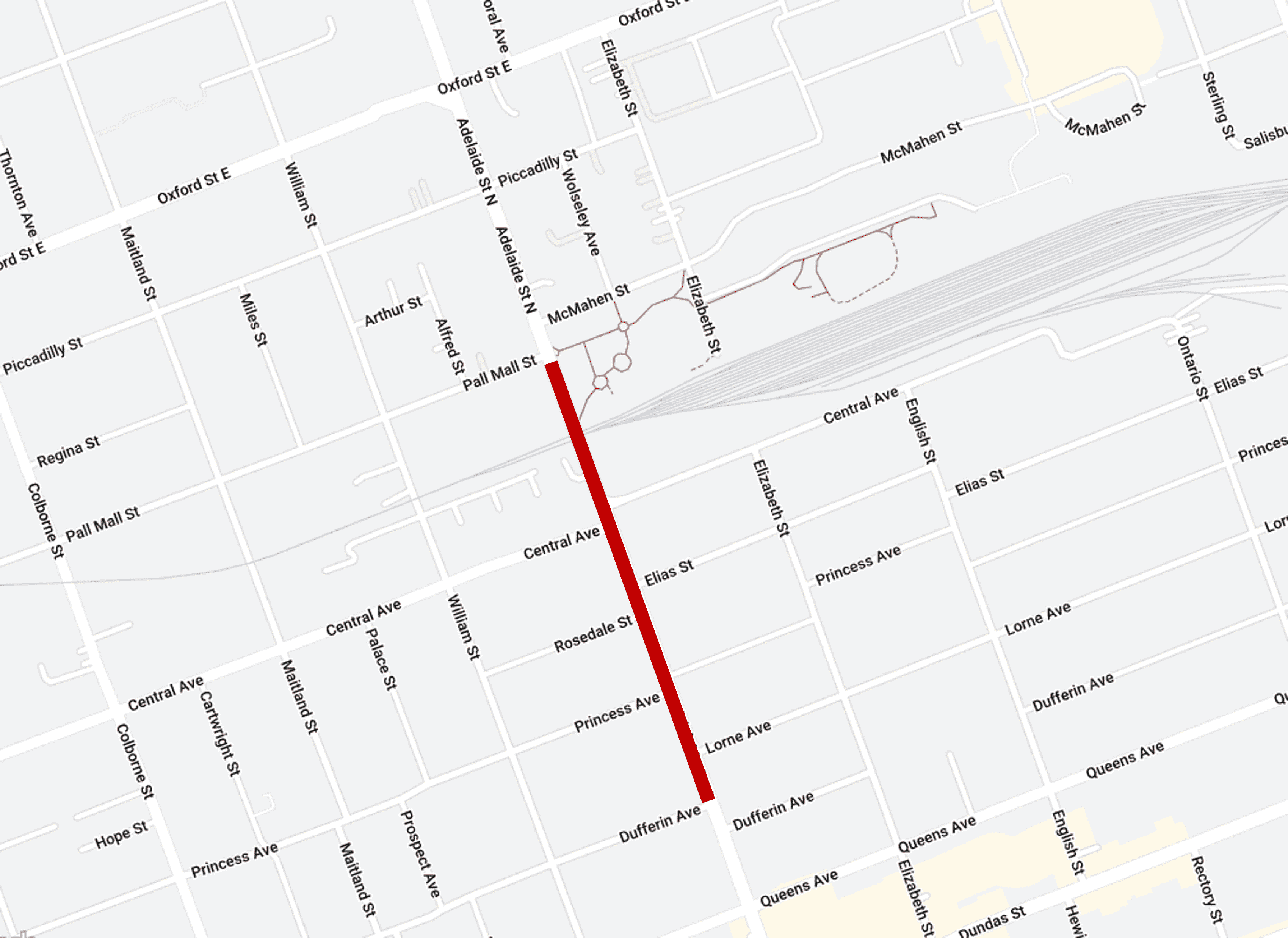 map of road closure on Adelaide Street North between Pall Mall and Dufferin Ave