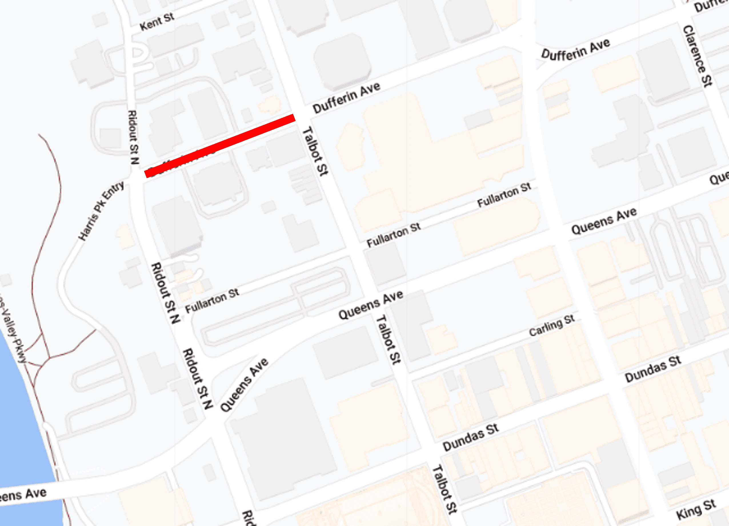  A map of the upcoming closure of Dufferin Avenue between Talbot Street and Ridout Street North.