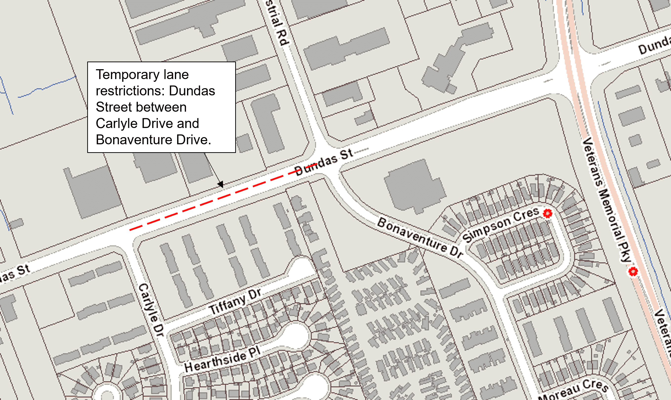 A map of the upcoming lane restrictions on Dundas Street from Carlyle Drive to Bonaventure Drive.