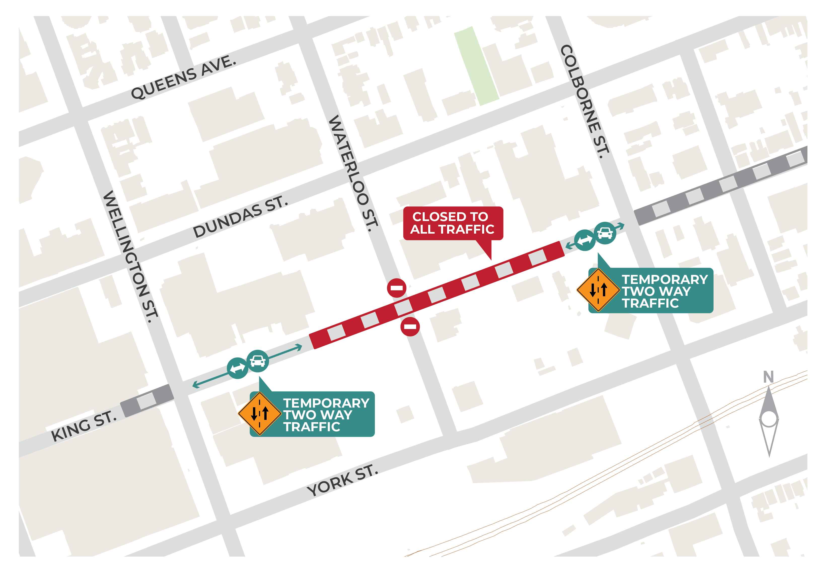 Map graphic showing closure of Waterloo and King St intersection