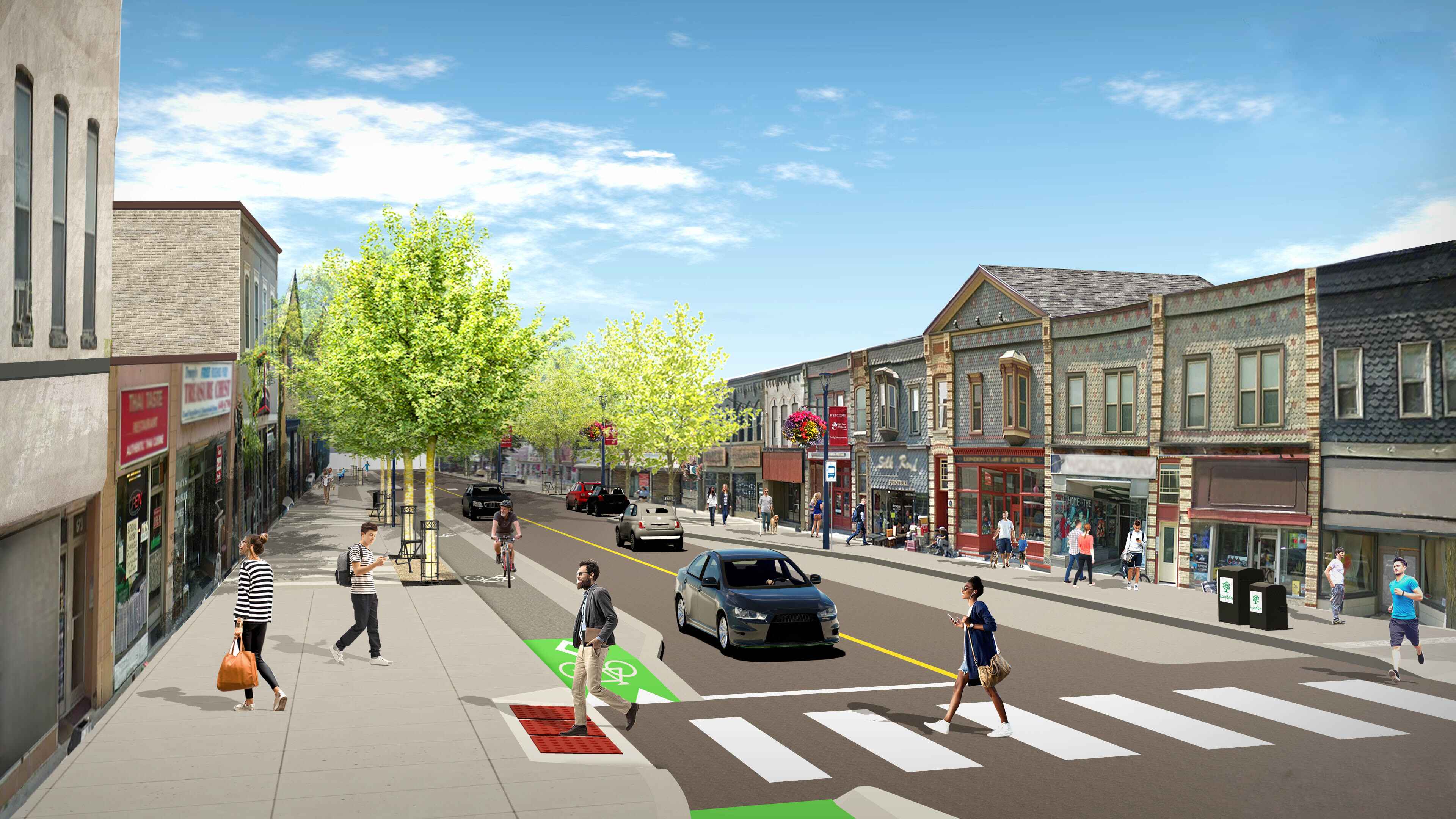 A rendering of the new Dundas streetscape looking west from Elizabeth Street. 
