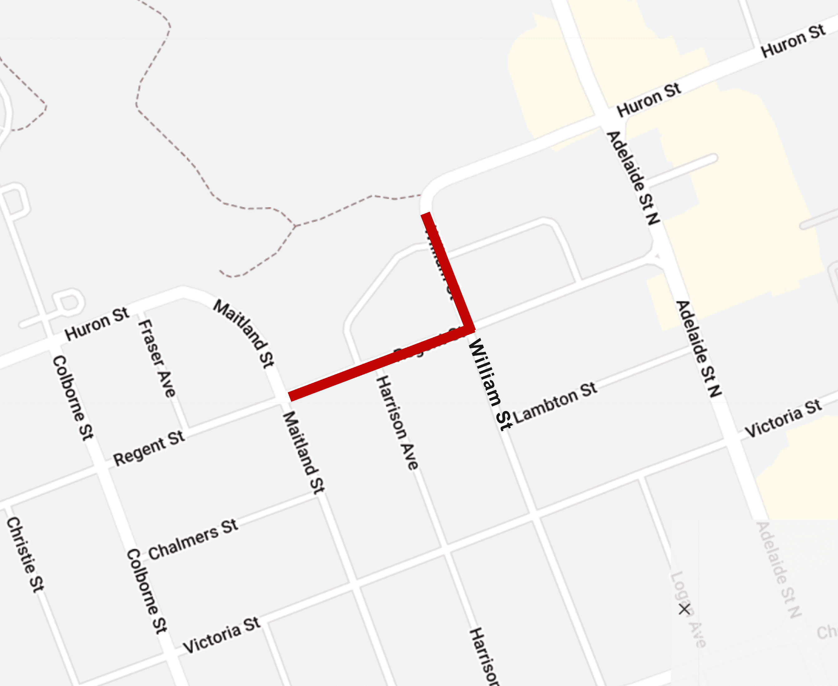 Map of road closure on Regent Street and William Street