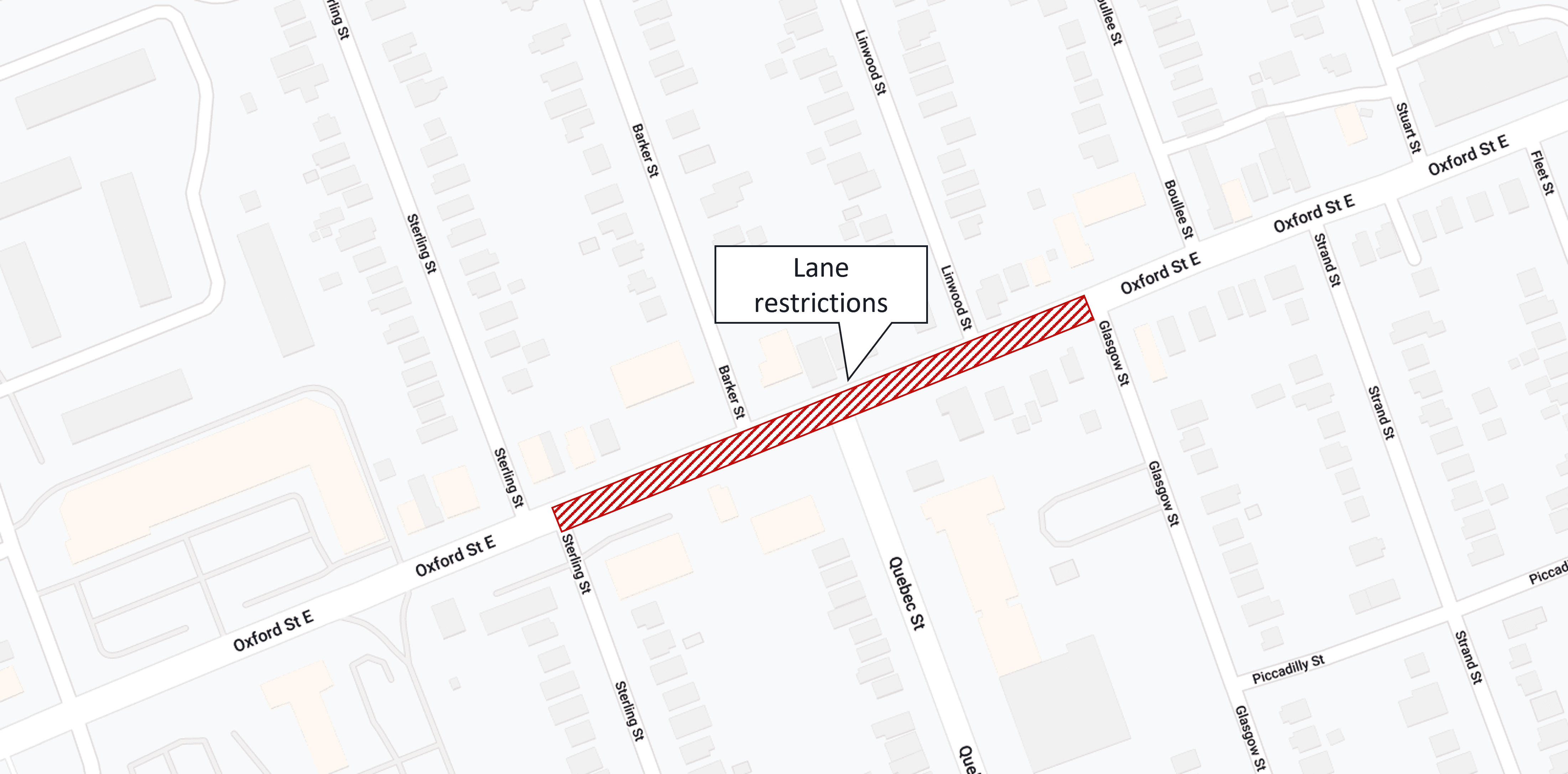 Map graphic of lane restrictions on QC- oxford street West