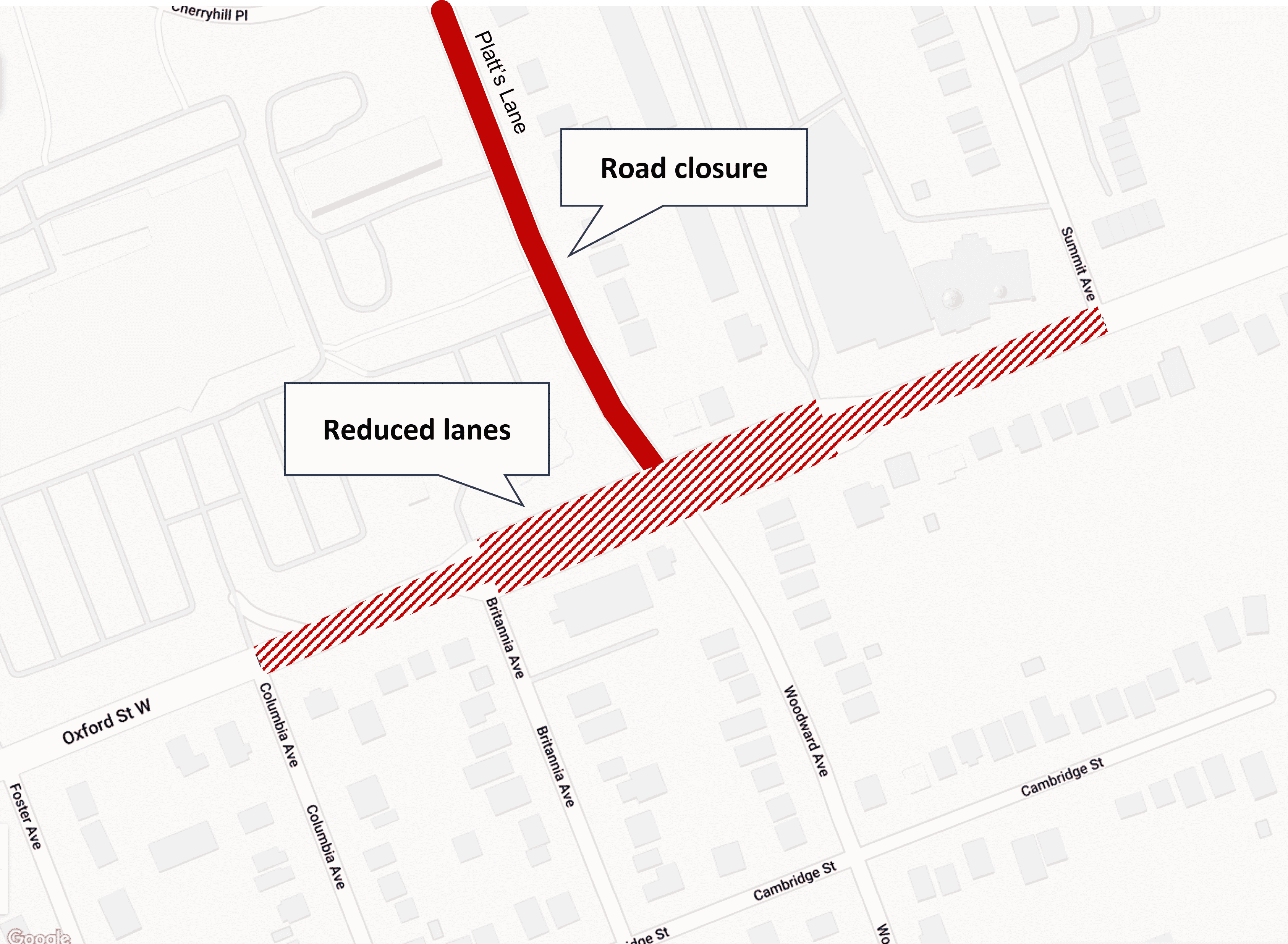 Map graphic showing lane reductions on Oxford St W at Platts Lane