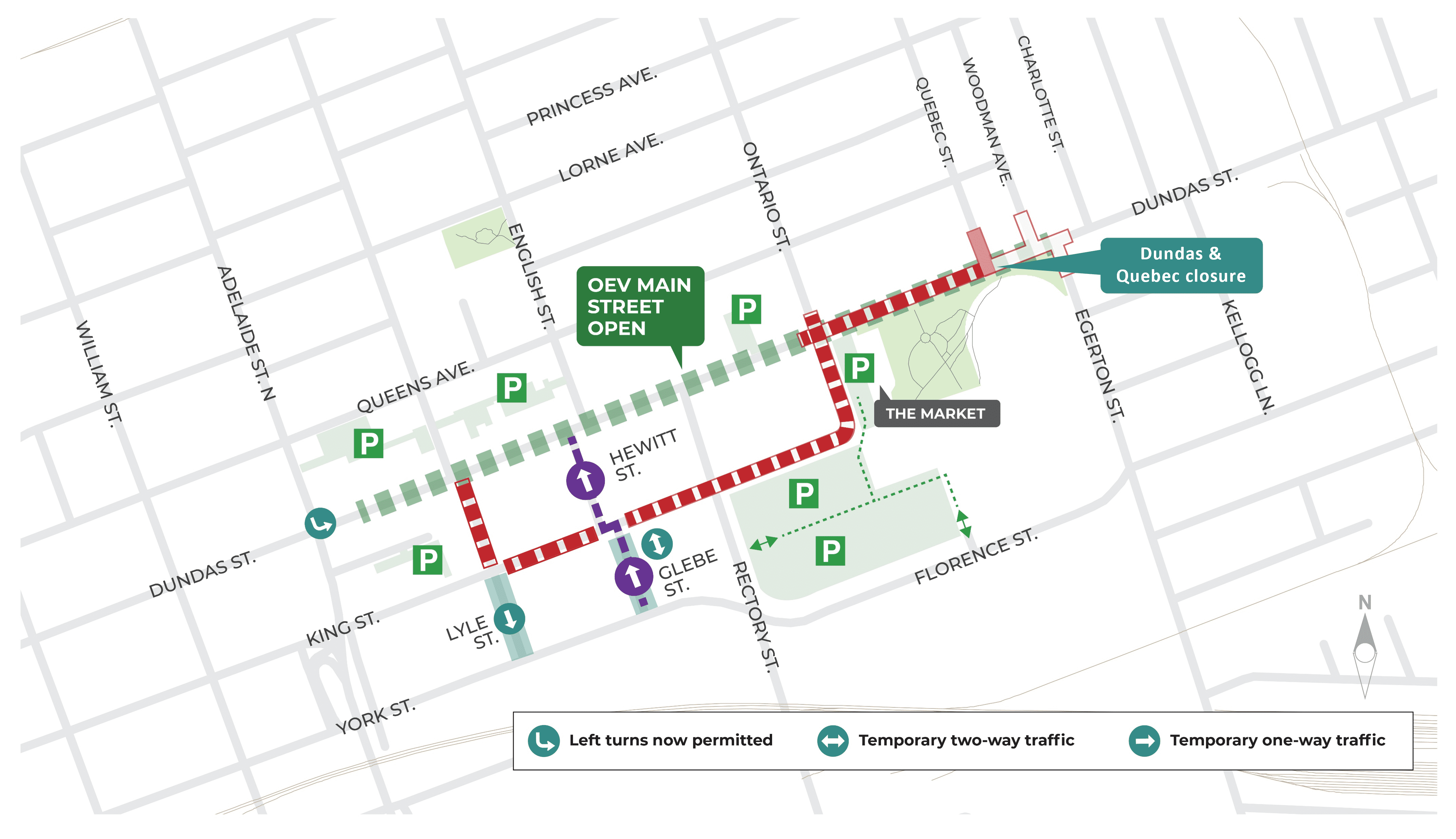 Map graphic showing work happening on Dundas between Quebec and Egerton