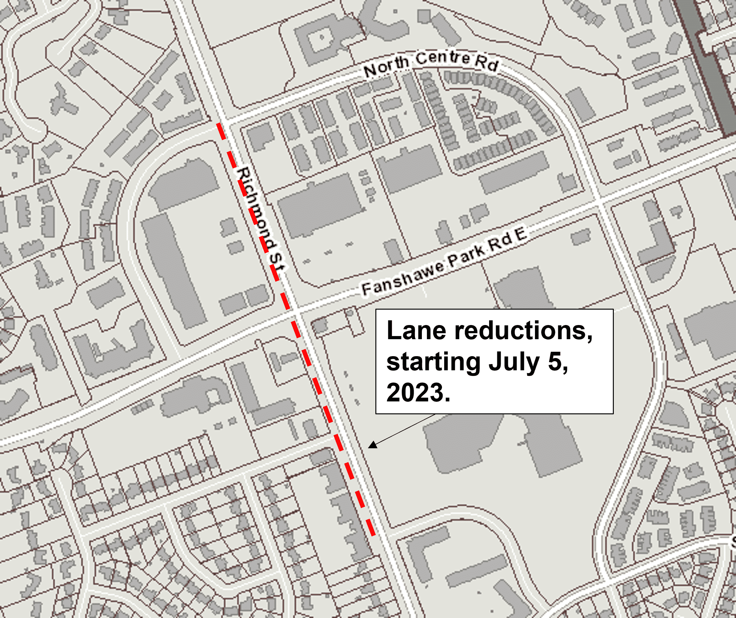 Map of the approximate lane reductions, starting July 5, 2023.