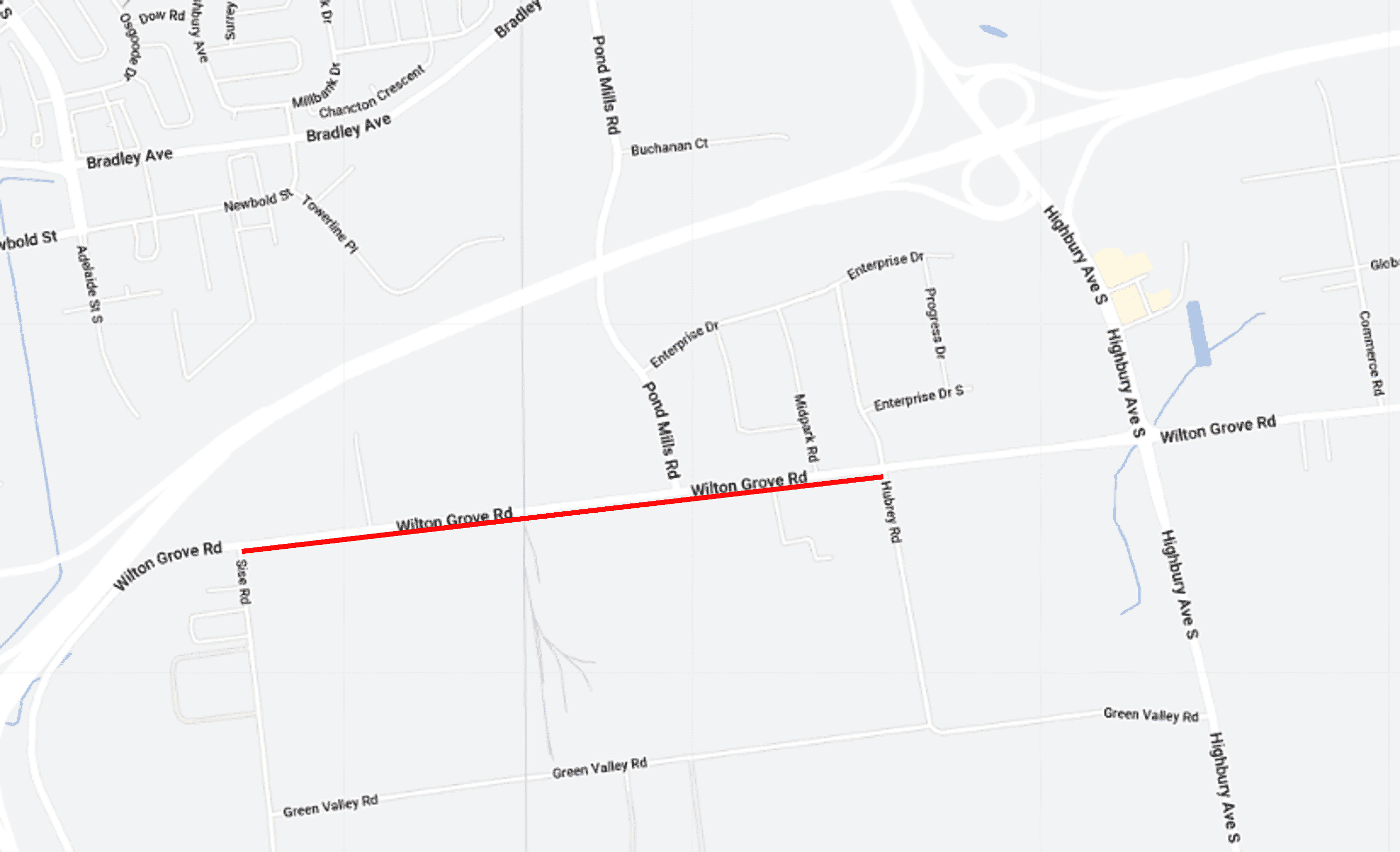 A map of the upcoming road closure for CN Rail repairs at Wilton Grove Road between Hubrey Road and Sise Road.