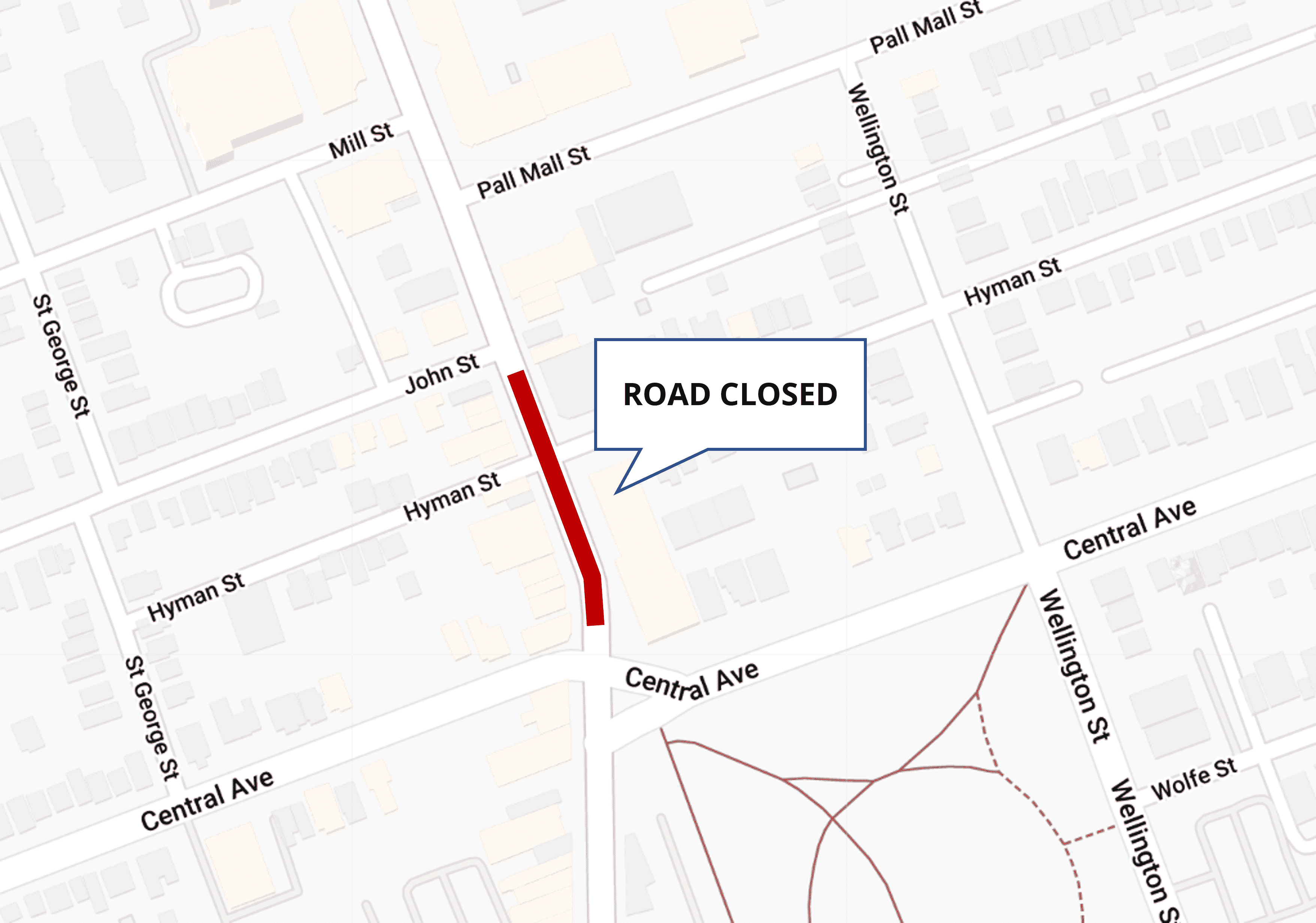 Map of Richmond Street Road Closure (Central Ave to John St)