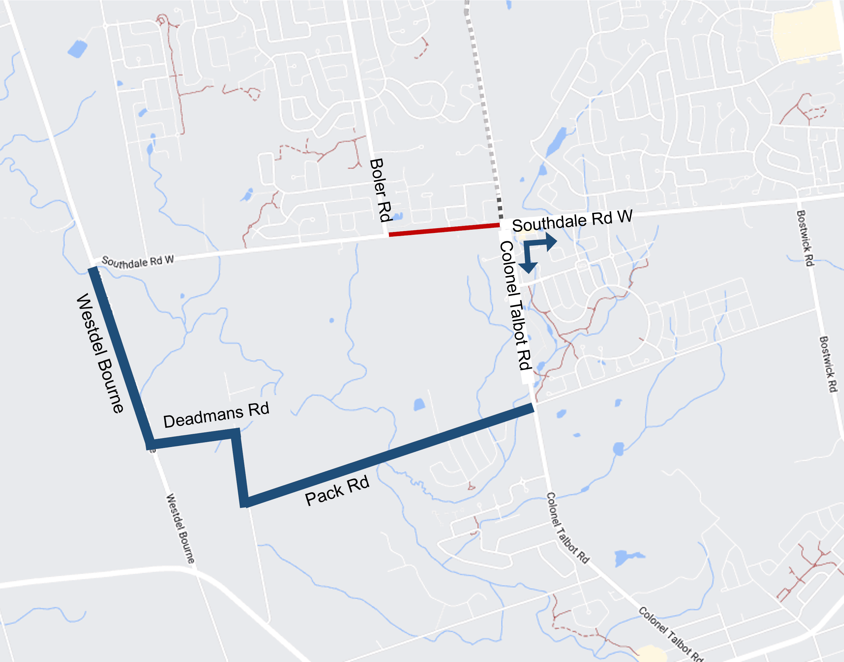 Map graphic showing traffic detour around Southdale / Colonel Talbot closure