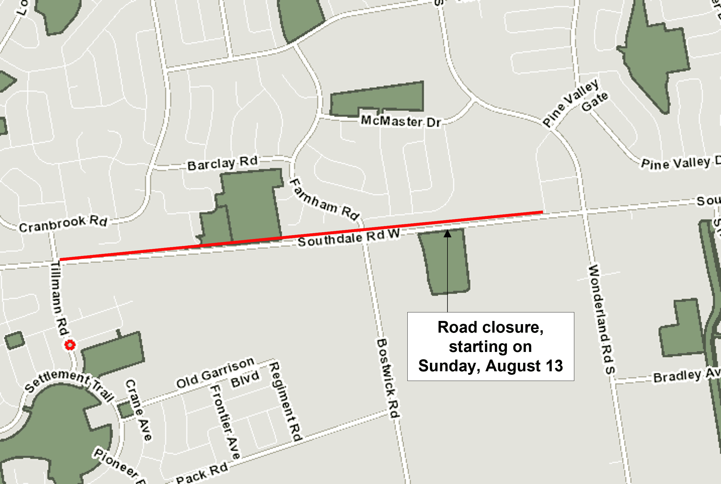 A map of the temporary road closure at Southdale Road West between Pine Valley Boulevard and Tillmann Road.