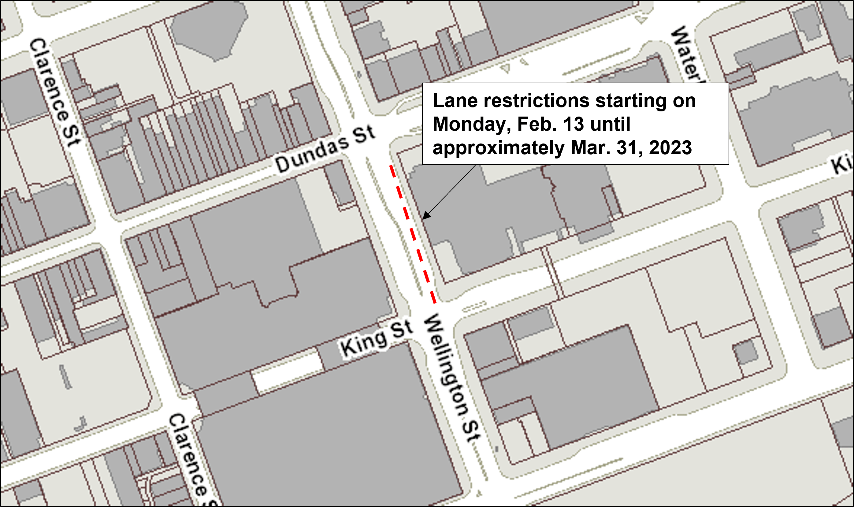 Map of the temporary lane closures on Wellington Street, just north of the King Street intersection.