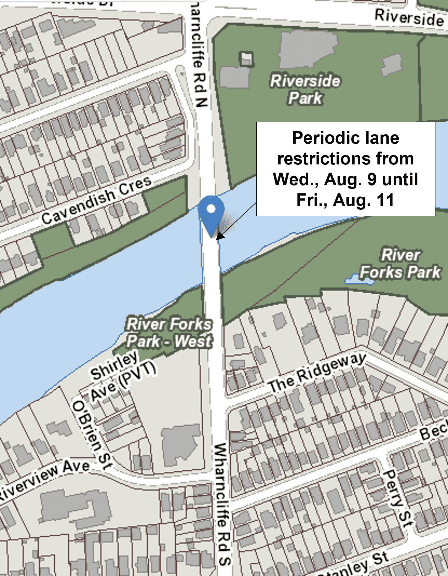 A map of the upcoming periodic lane restrictions on Thames River Bridge at Wharncliffe Road North and South.