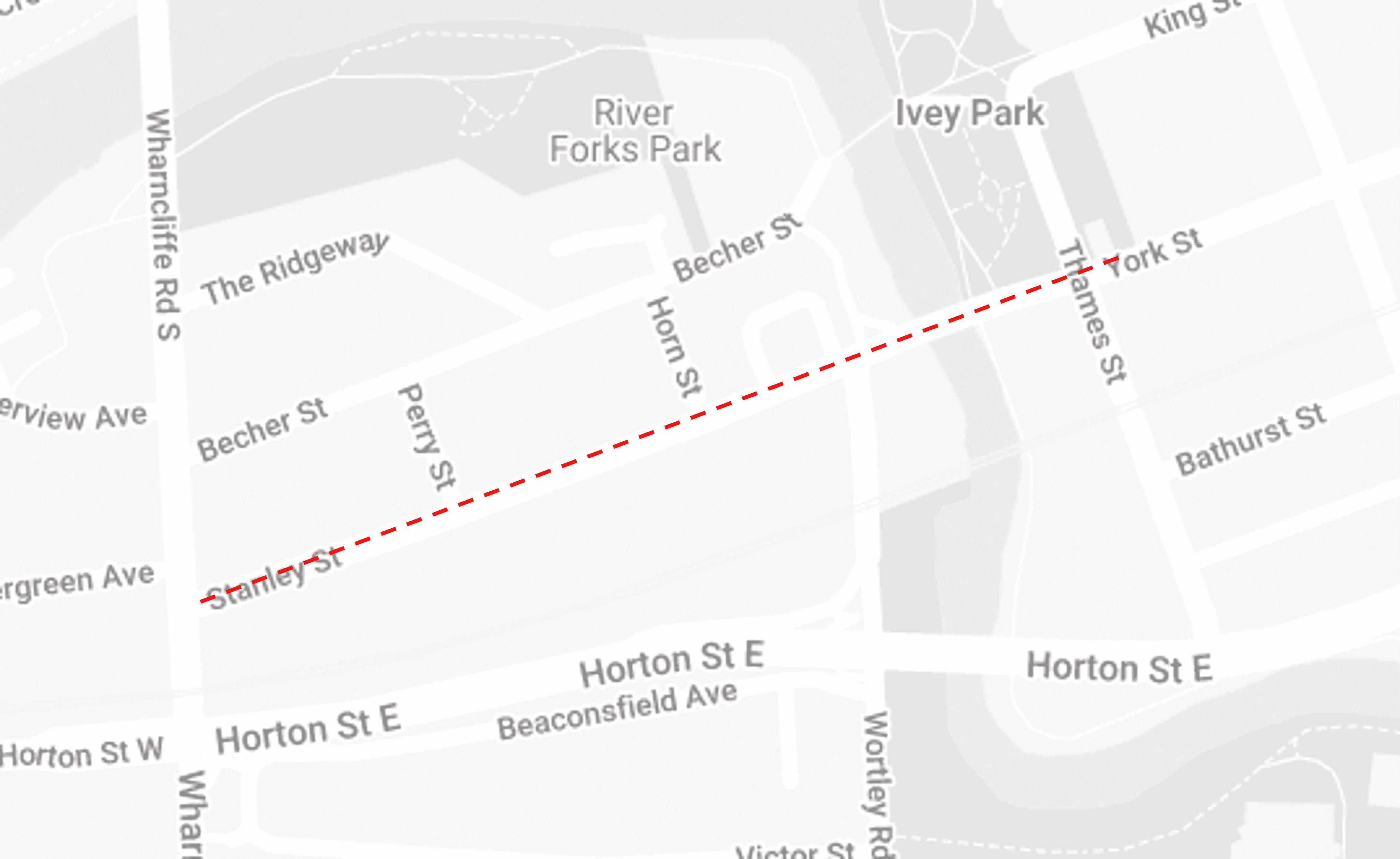 A map of the Stanley / York Street lane restrictions between Wharncliffe Road South and Thames Street.