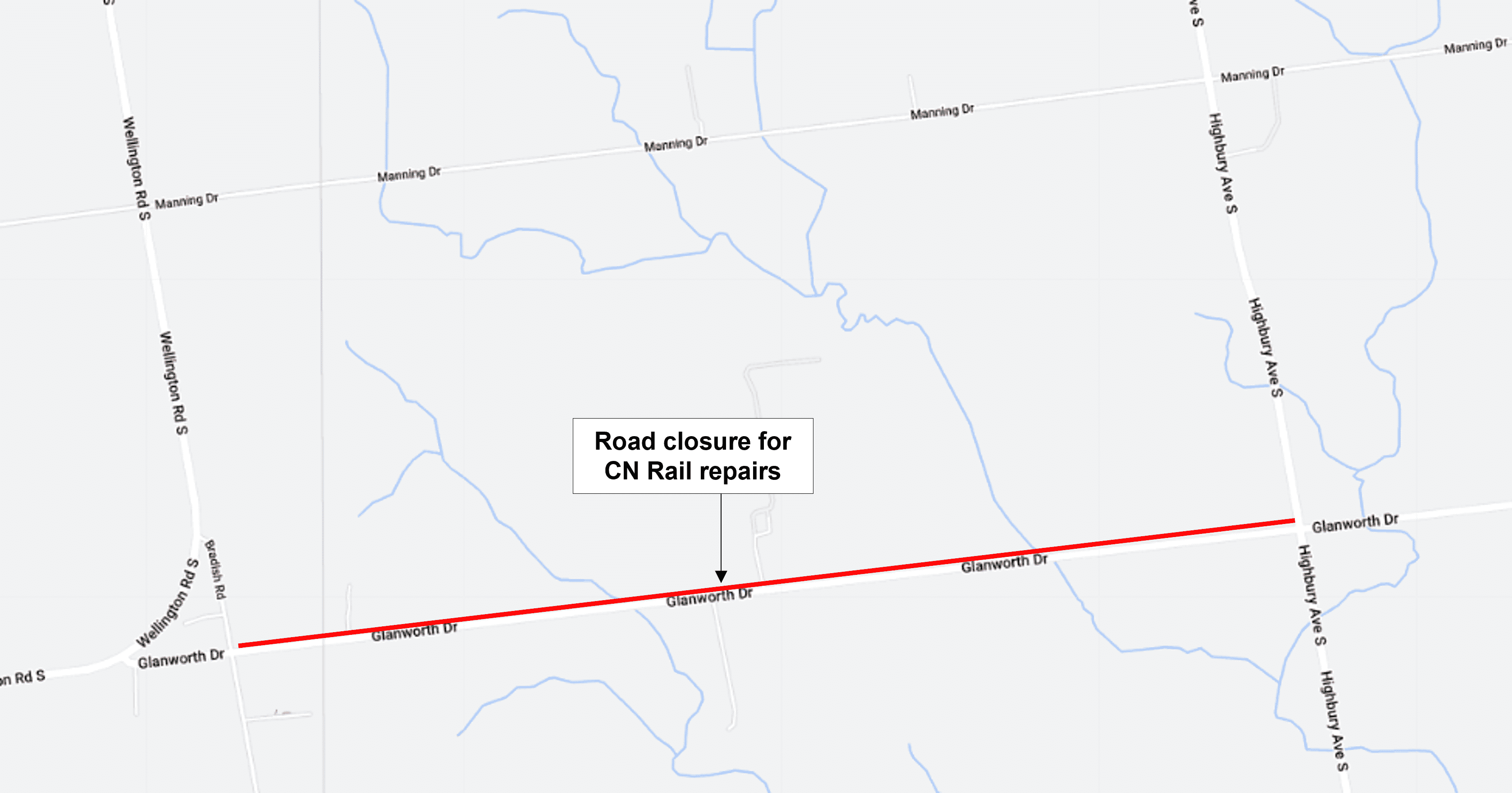 A map of the upcoming road closure for CN Rail repairs at Glenworth Drive between Bradish Road and Highbury Avenue South.