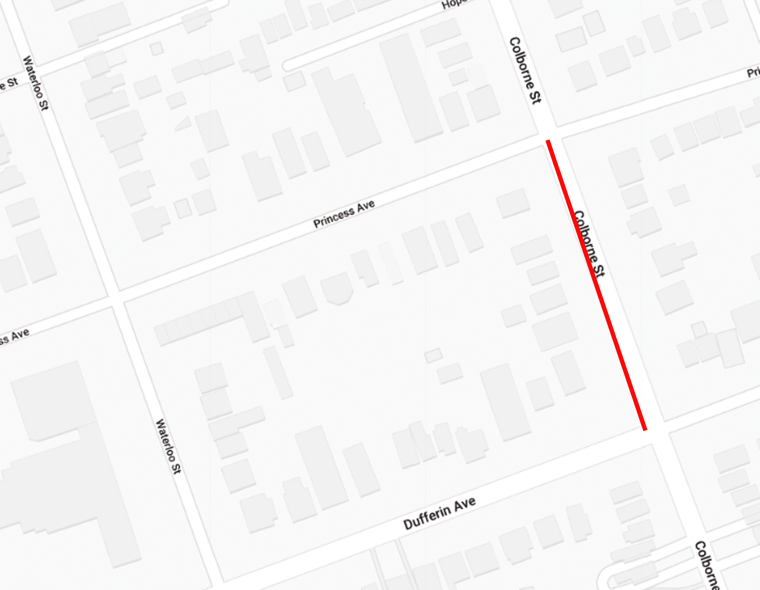 Above: A map of the upcoming road closure at Colborne Street between Princess Avenue and Dufferin Avenue.