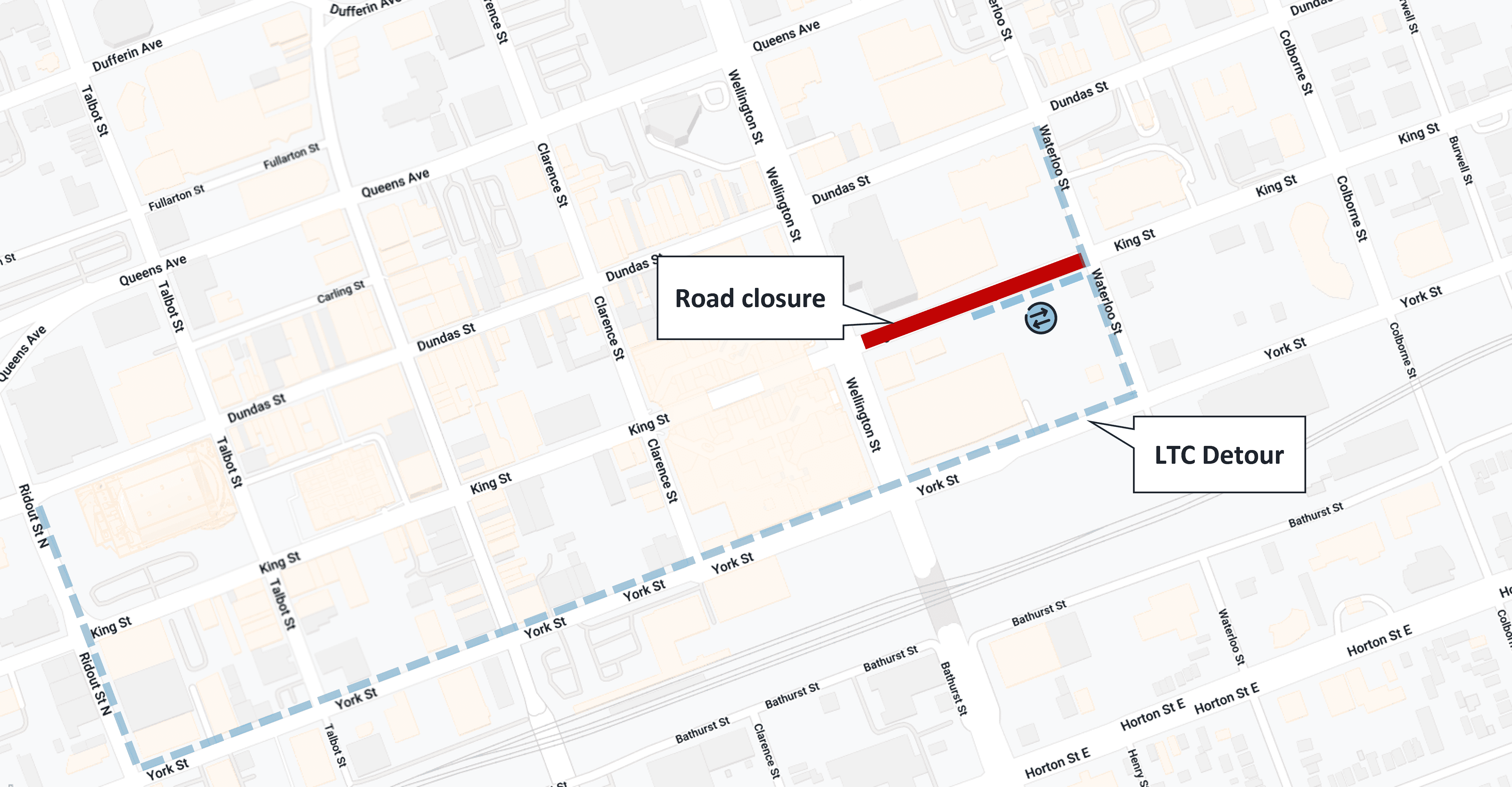Map graphic showing closure of King St between Wellington and Waterloo St