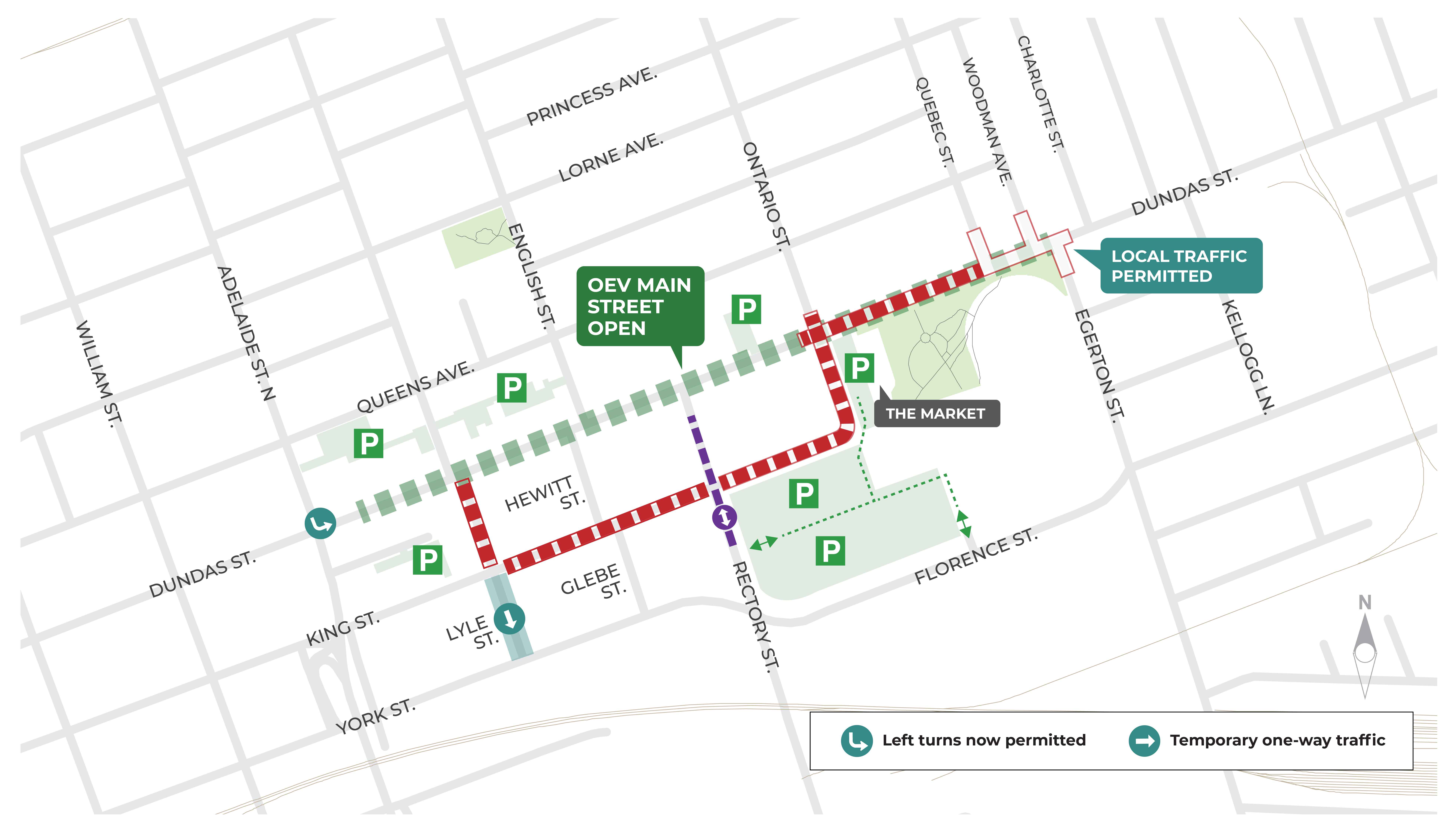 A map of the current closures and access routes in Old East Village for construction of the East London Link Phase 2.
