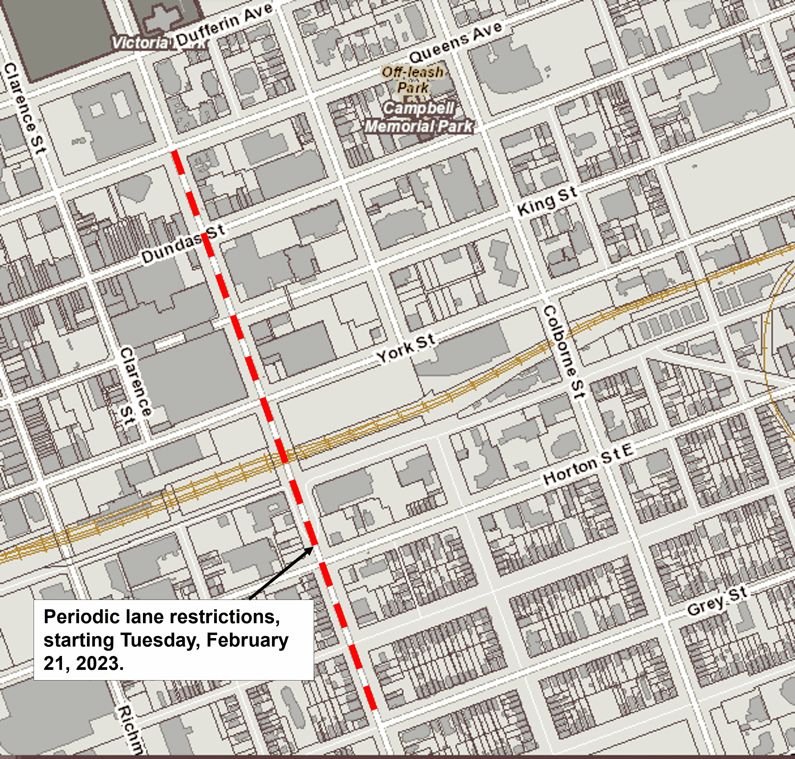 Map of the periodic lane restrictions on Wellington Street between Grey Street and Queens Avenue. 