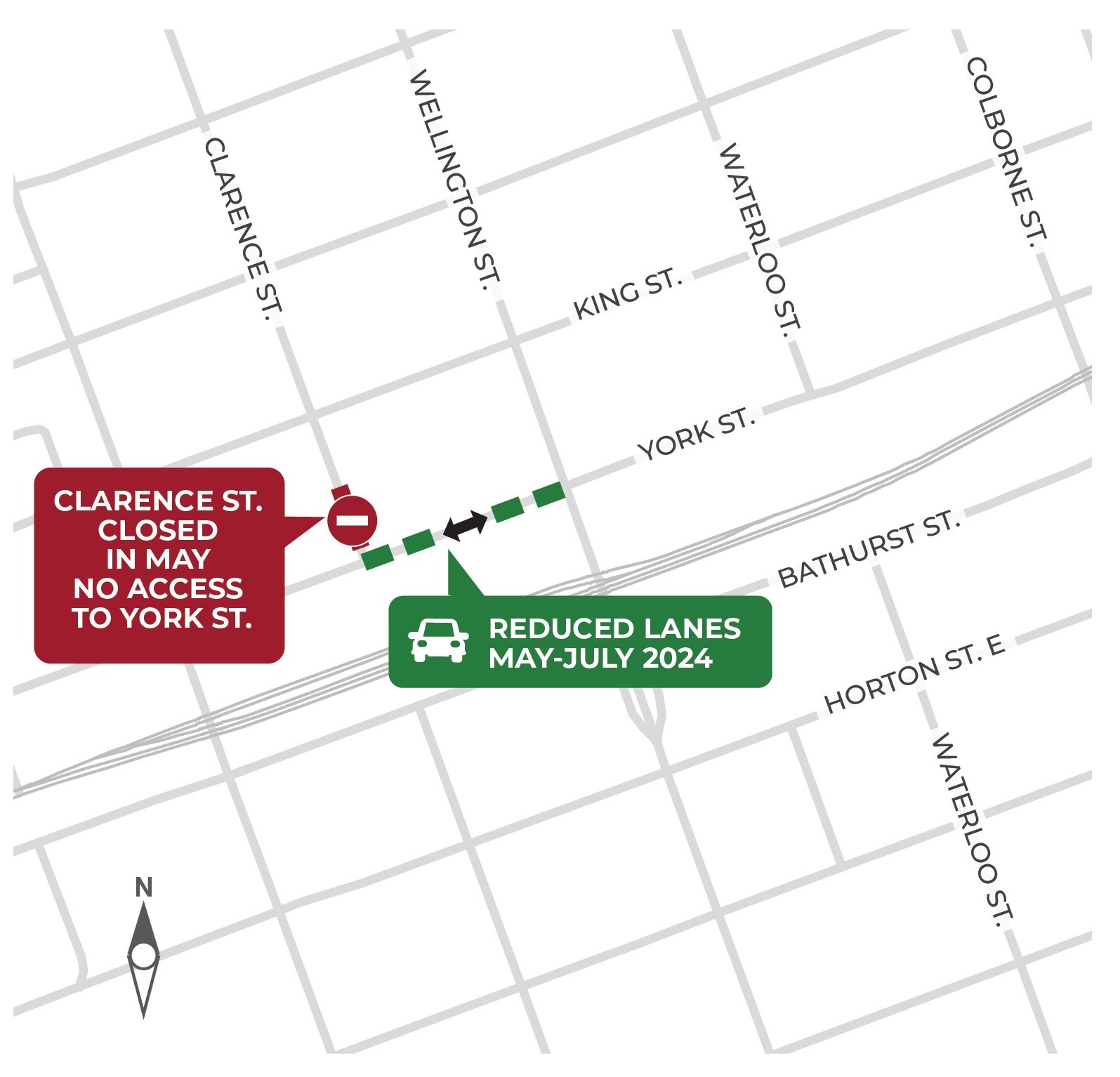 Map showing the Clarence Street closure and reduced lanes ON York Street effective May 23, 2024. 