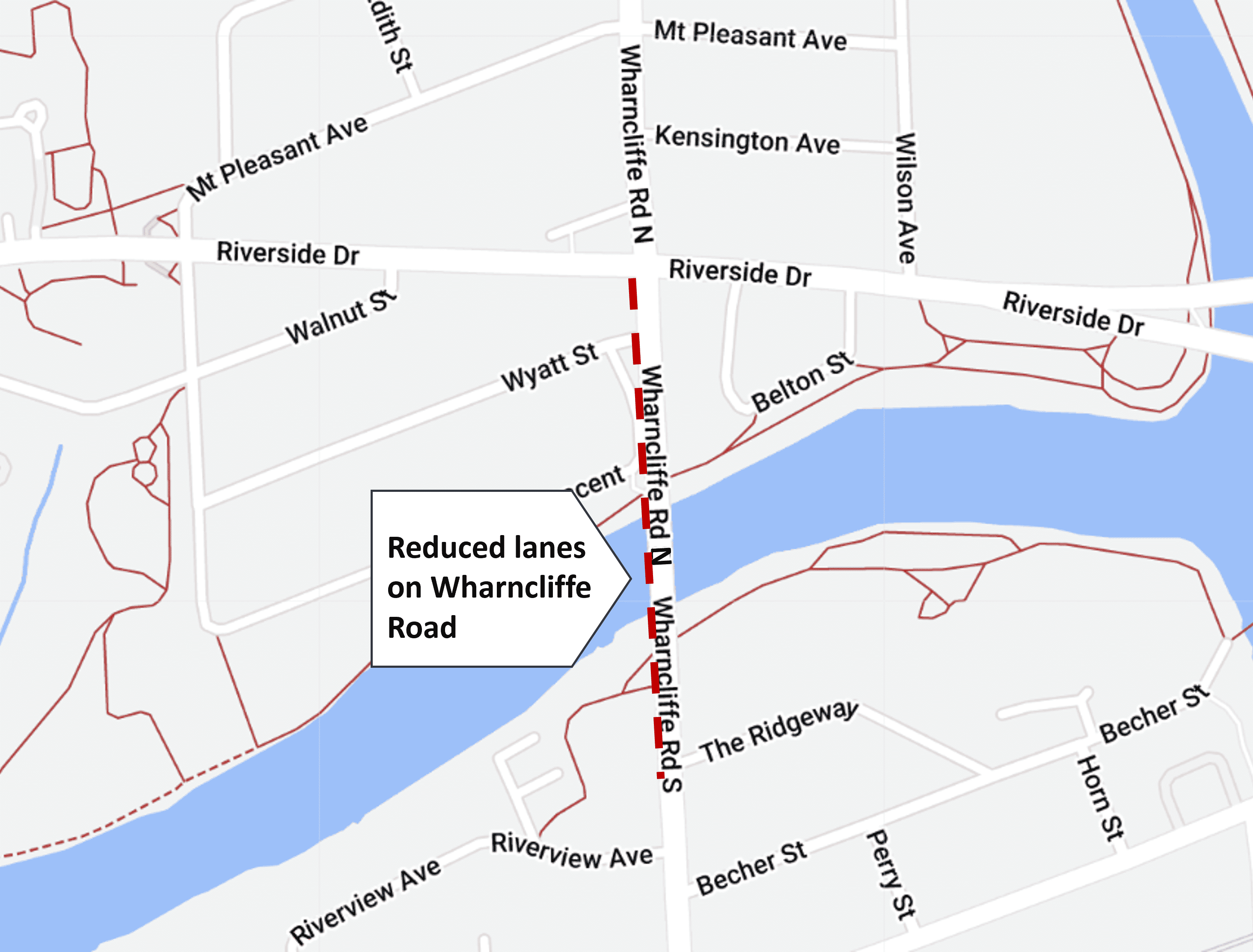 Reduced lanes on Wharncliffe (Thames River Bridge), south of Riverside Drive