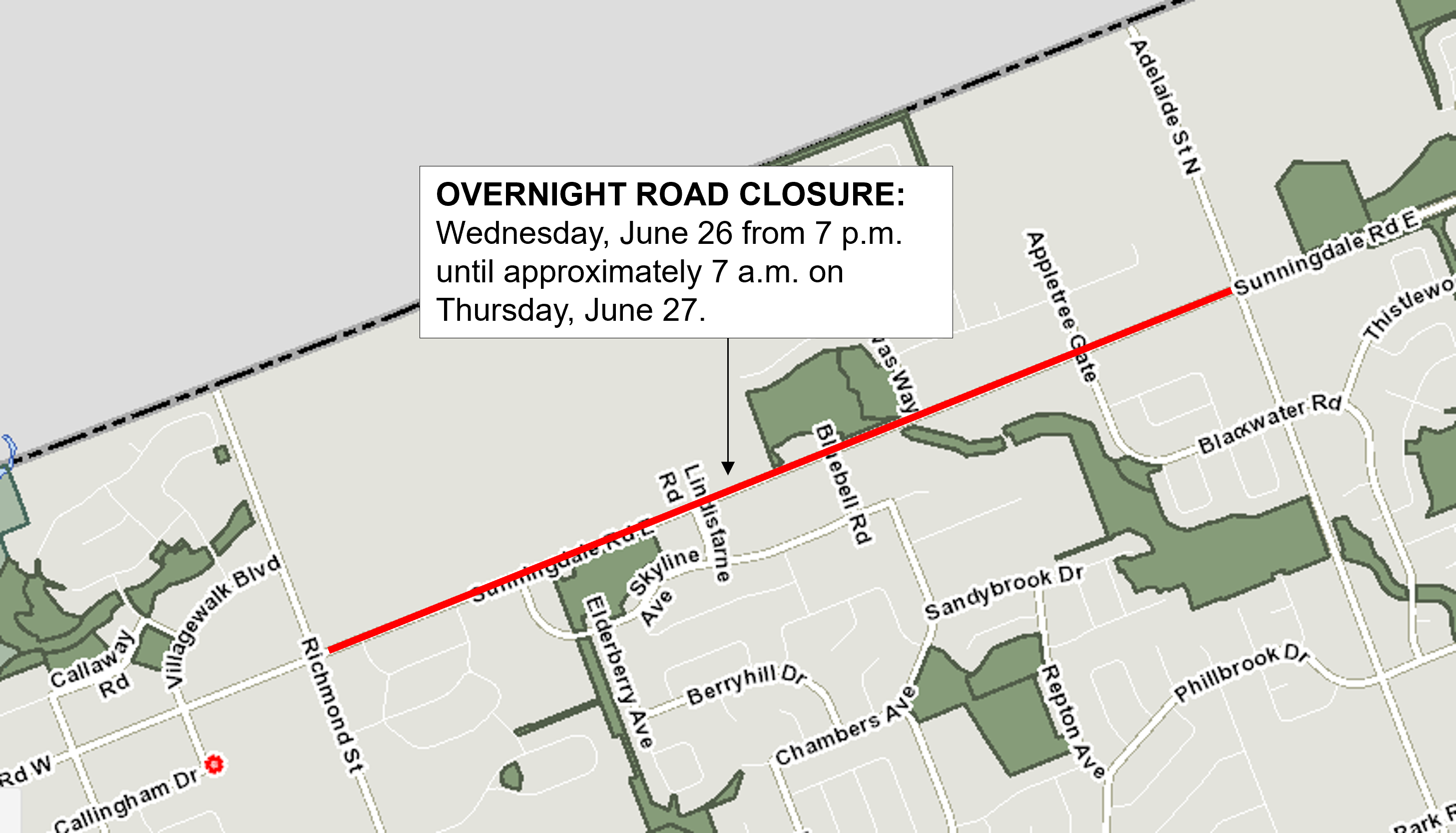 Sunningdale Road overnight closure map
