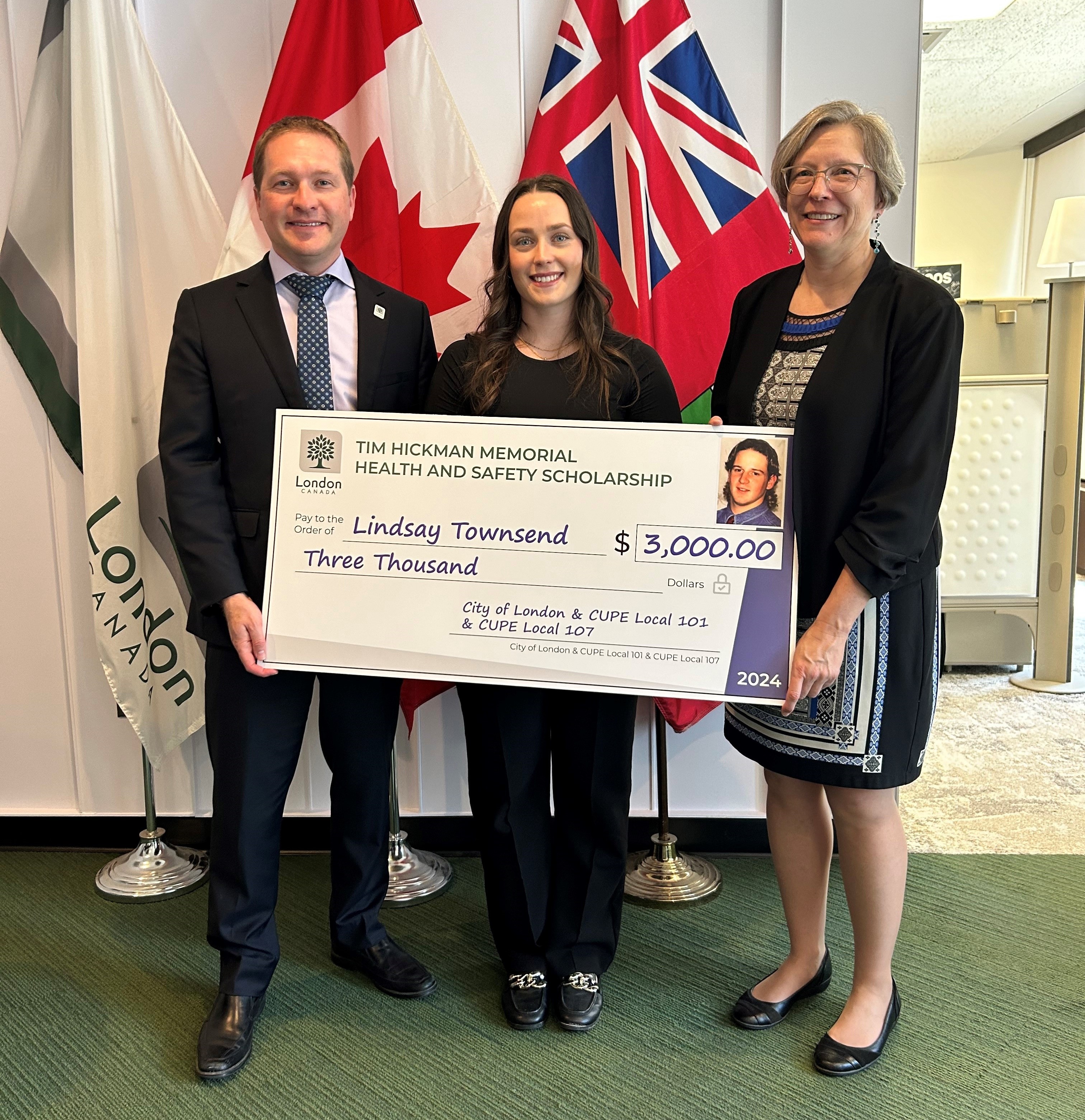 Photo of Mayor Josh Morgan, 2024 Tim Hickman Memorial Health and Safety Scholarship winner Lindsay Townsend, and Cathy Stark, Manager of Health, Safety and Wellness at the City of London.