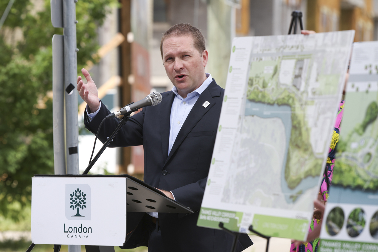 Mayor Josh Morgan speaking at an announcement at the Old Victoria Hospital Lands