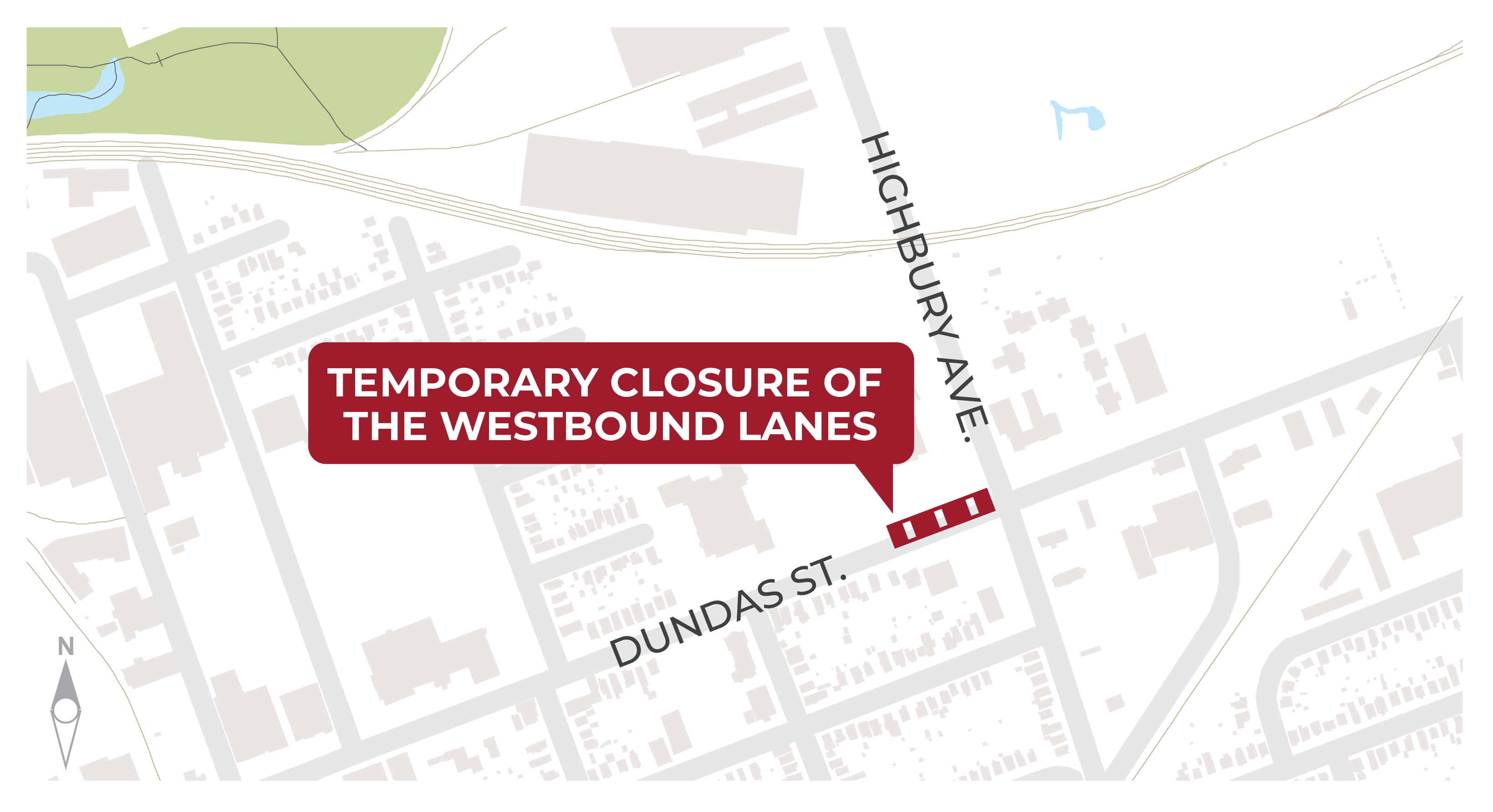 A map of the temporary westbound lanes closure on Dundas Street. 