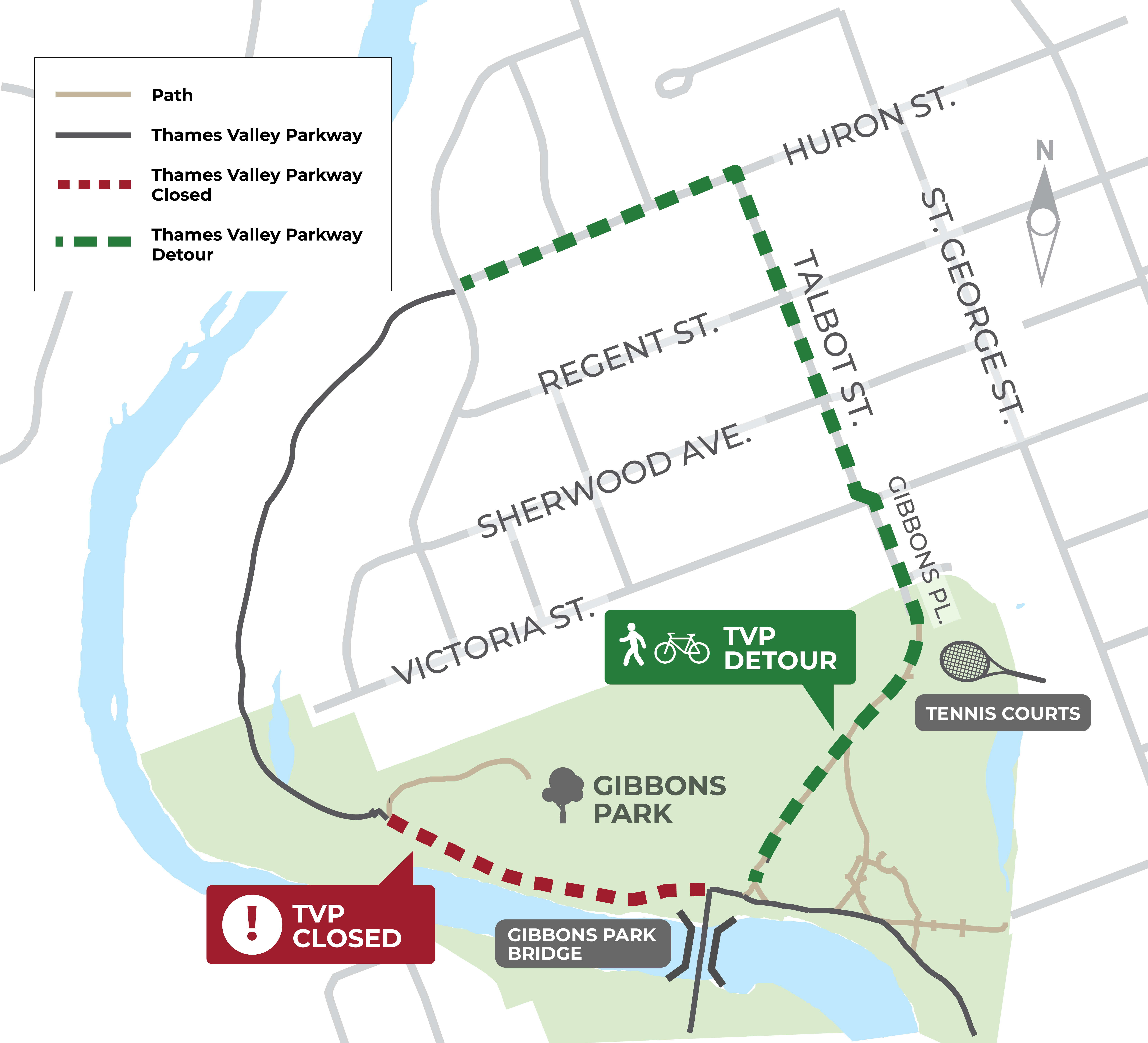 A map of a detour trail in green for Gibbons Park