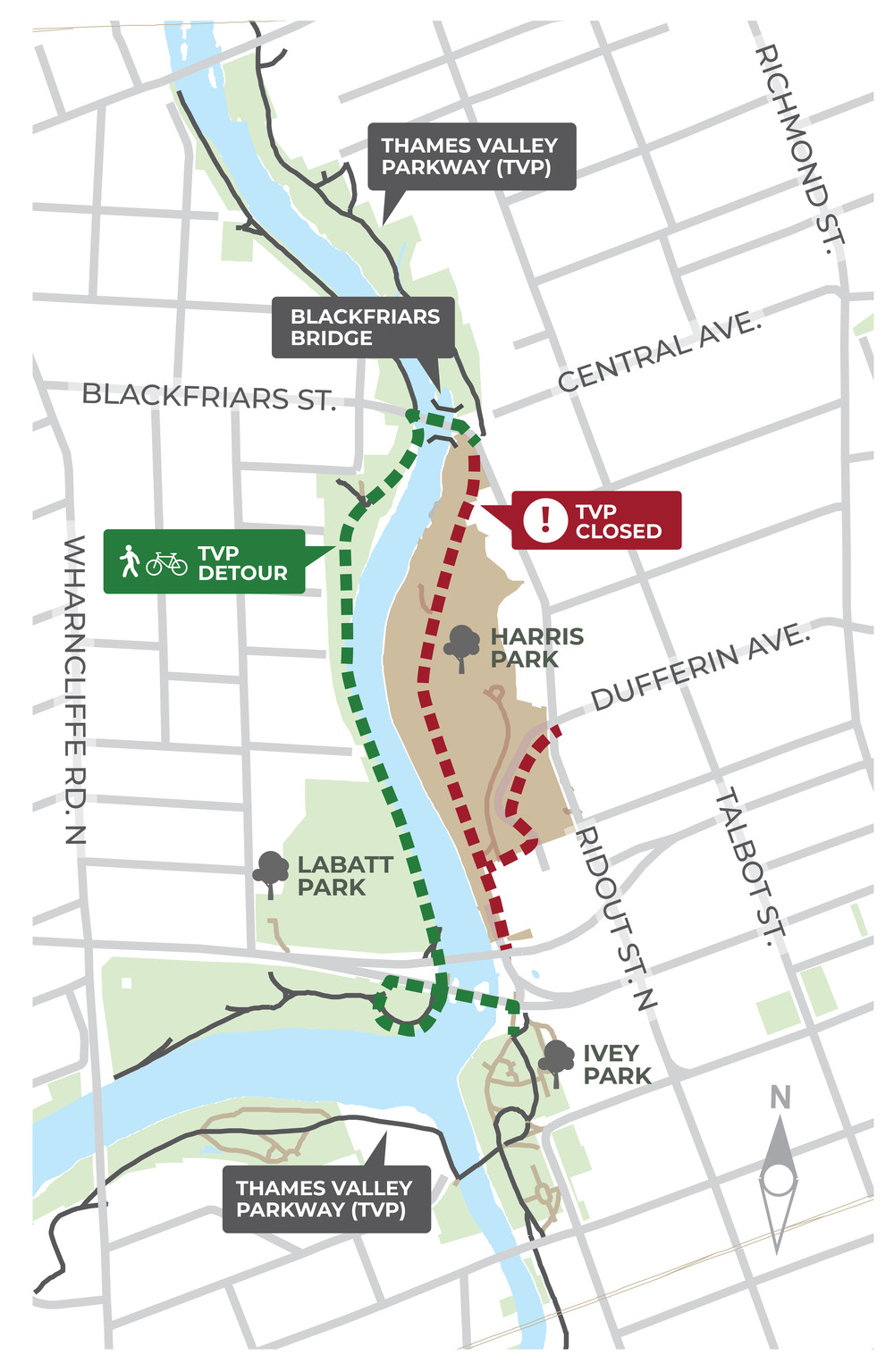 A map with a green detour line in Harris Park for the Thames Valley Parkway.