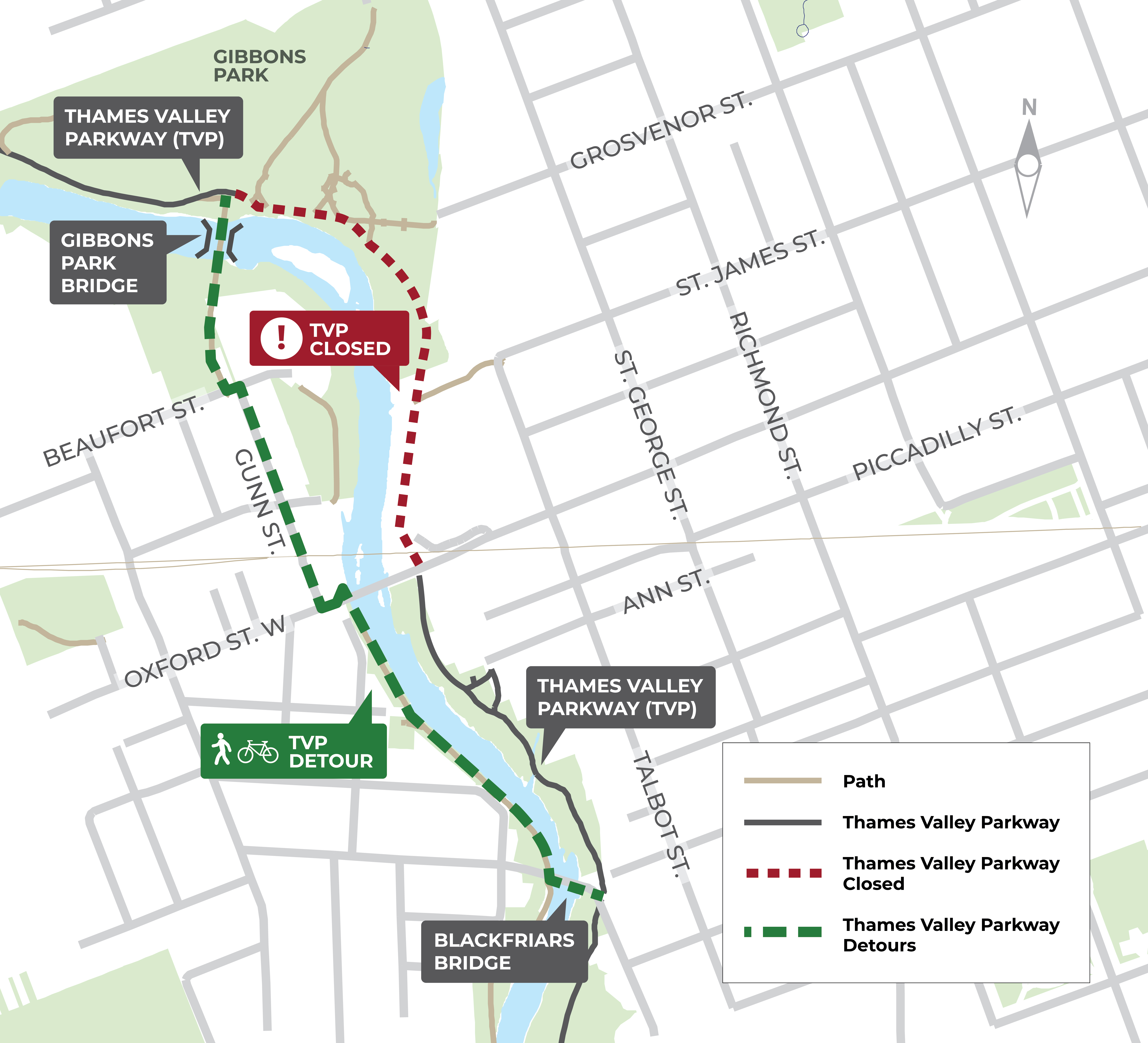 A map with a green detour line at Oxford and Victoria for the Thames Valley Parkway.