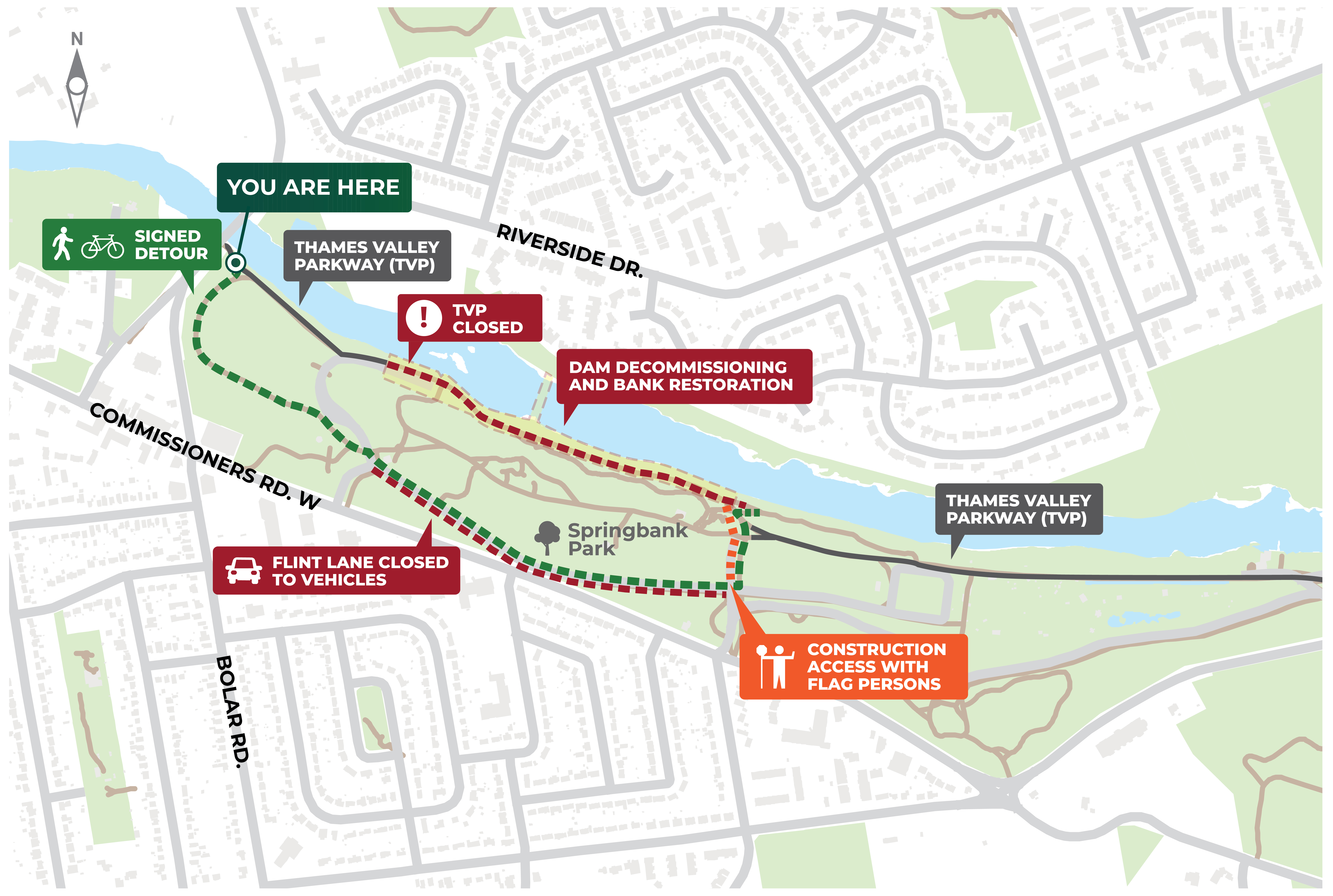 A map with a green detour line in Springbank Park for the Thames Valley Parkway.