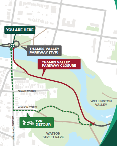 A map shows a dotted green line for a Thames Valley Parkway detour and a solid red line for where the trail is closed north of the Watson Street Park.