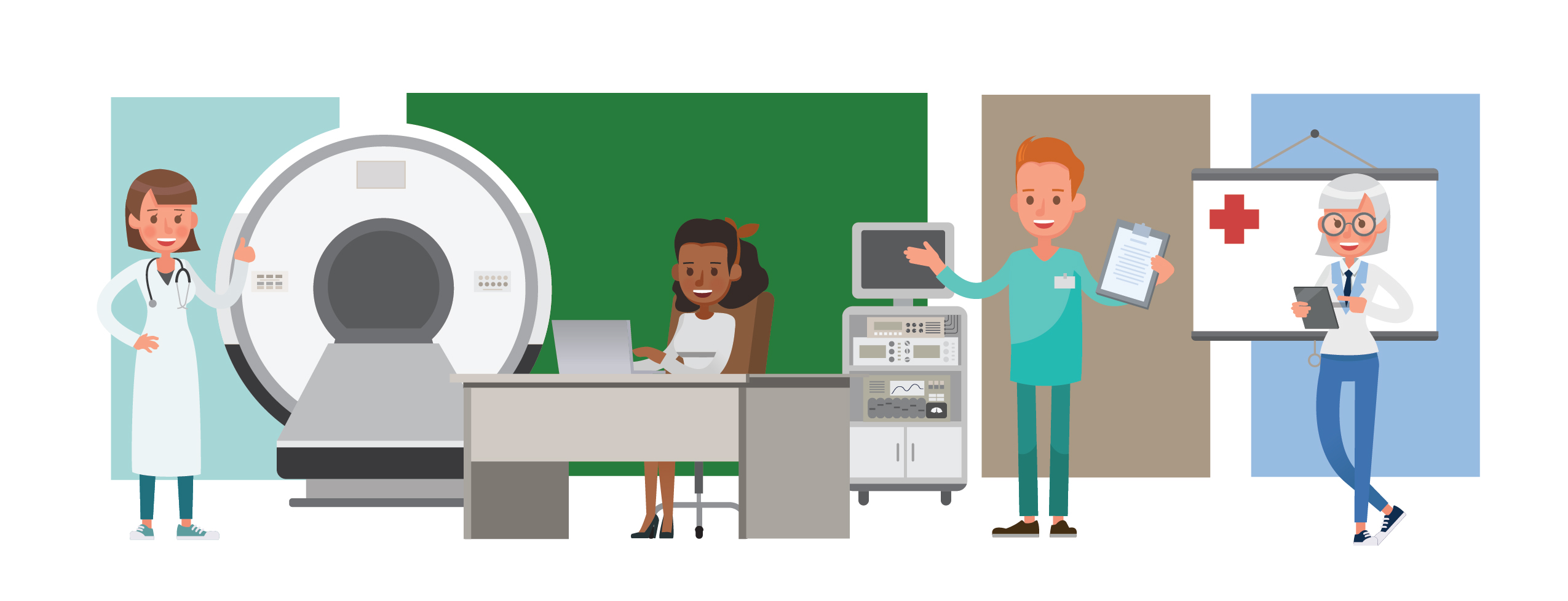 Graphic design of professionals in the healthcare and social assistance sector smiling and conducting work. 